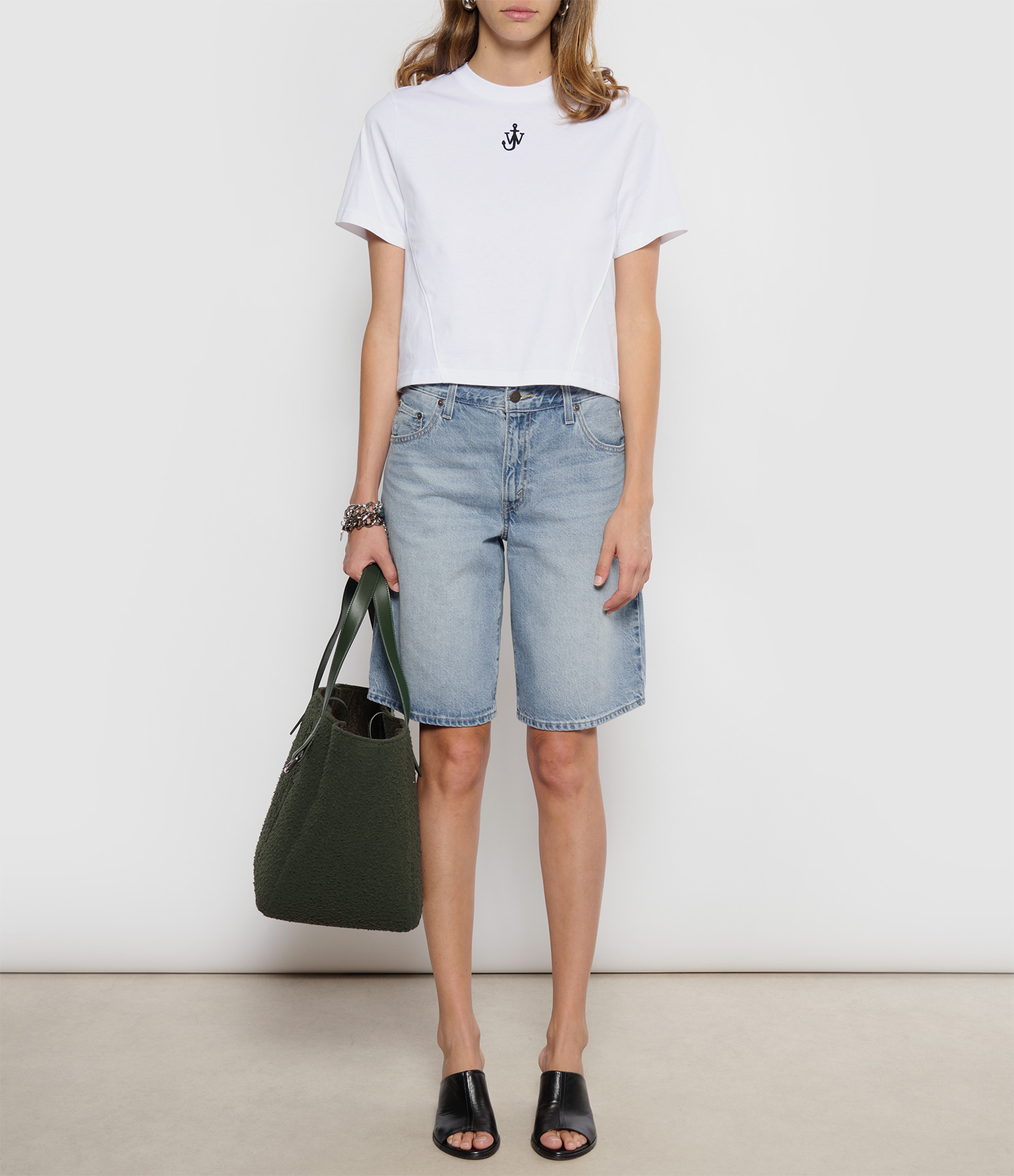 White Cropped Panelled T-shirt with Anchor Embroidery