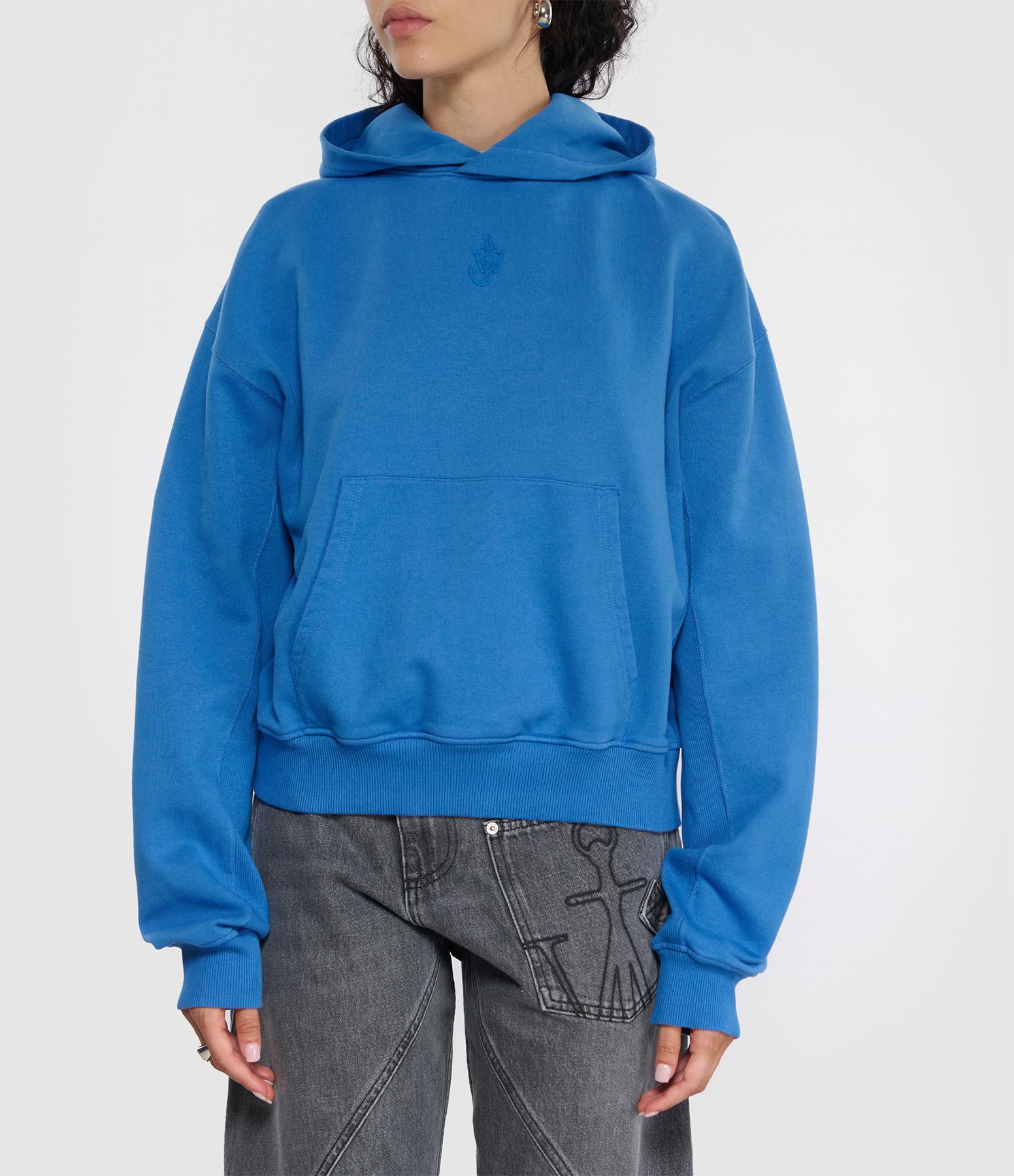 Cropped Hoodie with Anchor Embroidery – Bright Blue