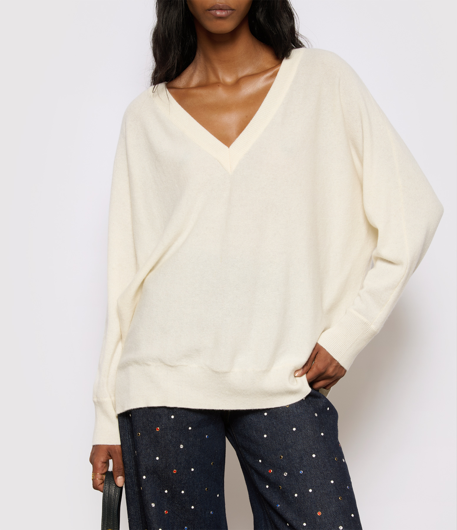 Oversized V-neck jumper, Line, White