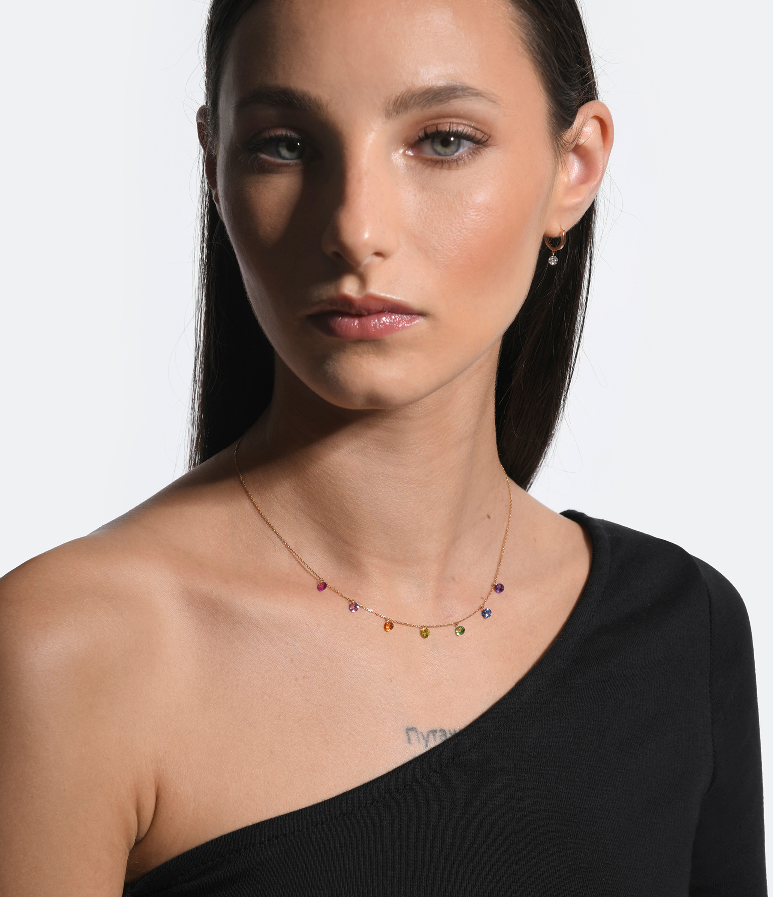 Confetti Necklace with 7 Rubies, Sapphires, Tsavorites and Amethysts in Yellow Gold
