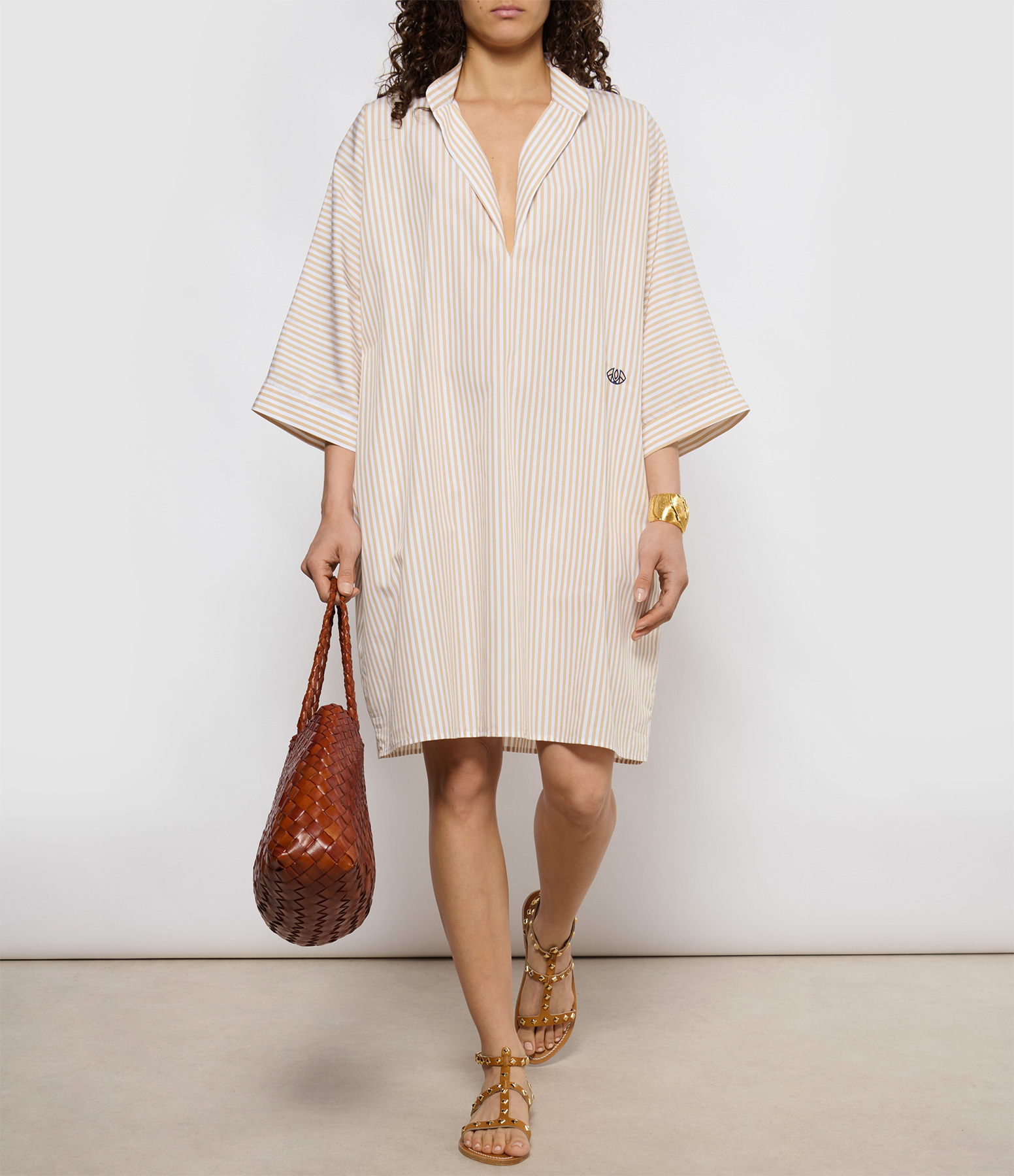 Beige Striped Short Djellaba Dress
