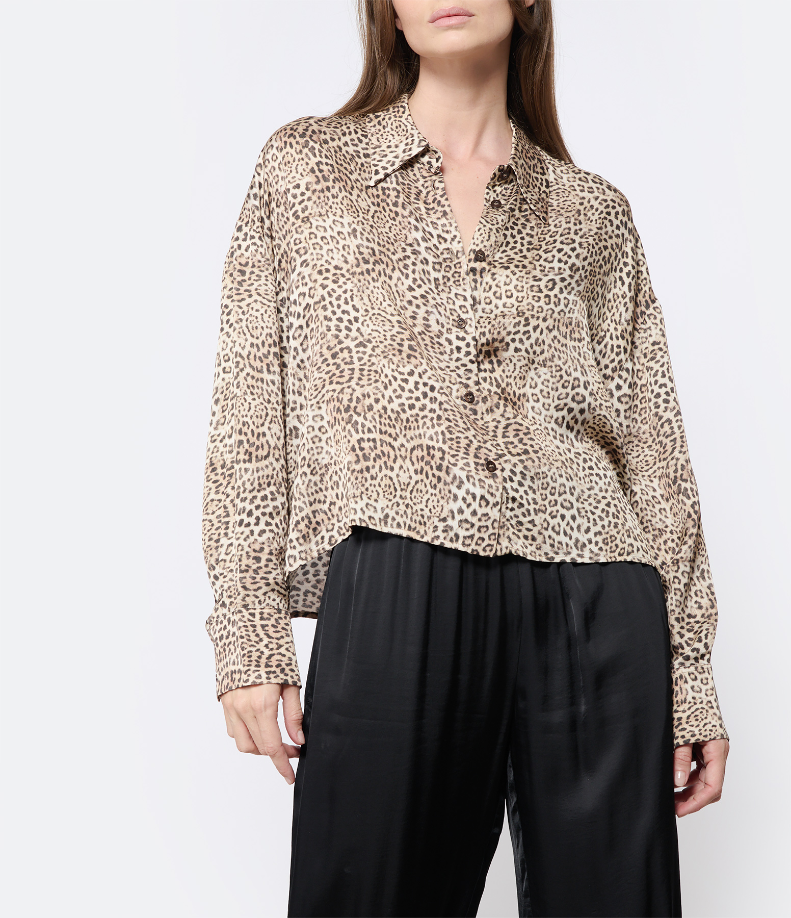 Ima Crop Satin Leopard Print Shirt