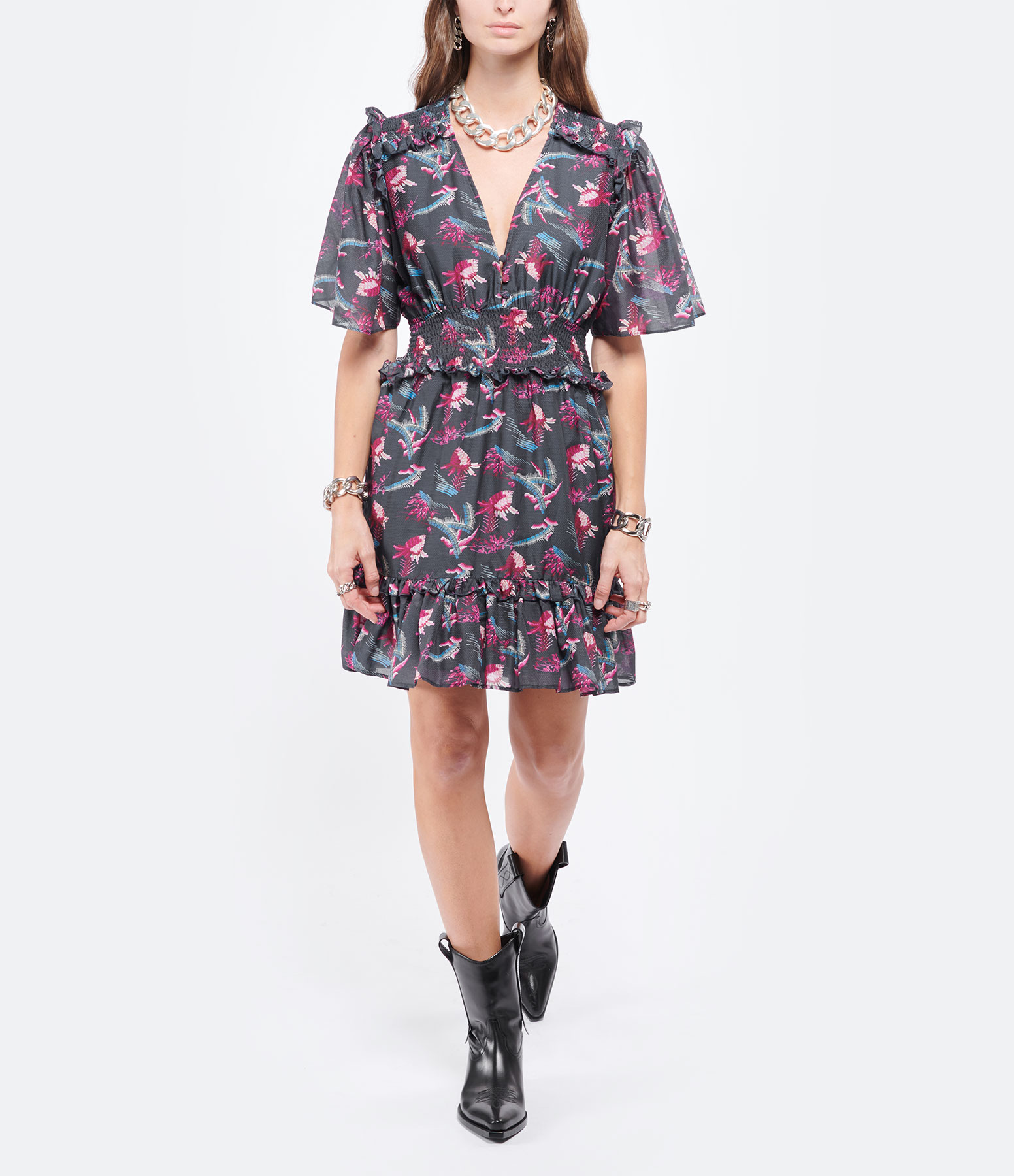 Dolores Cotton Dress – Tropical Print – Dark