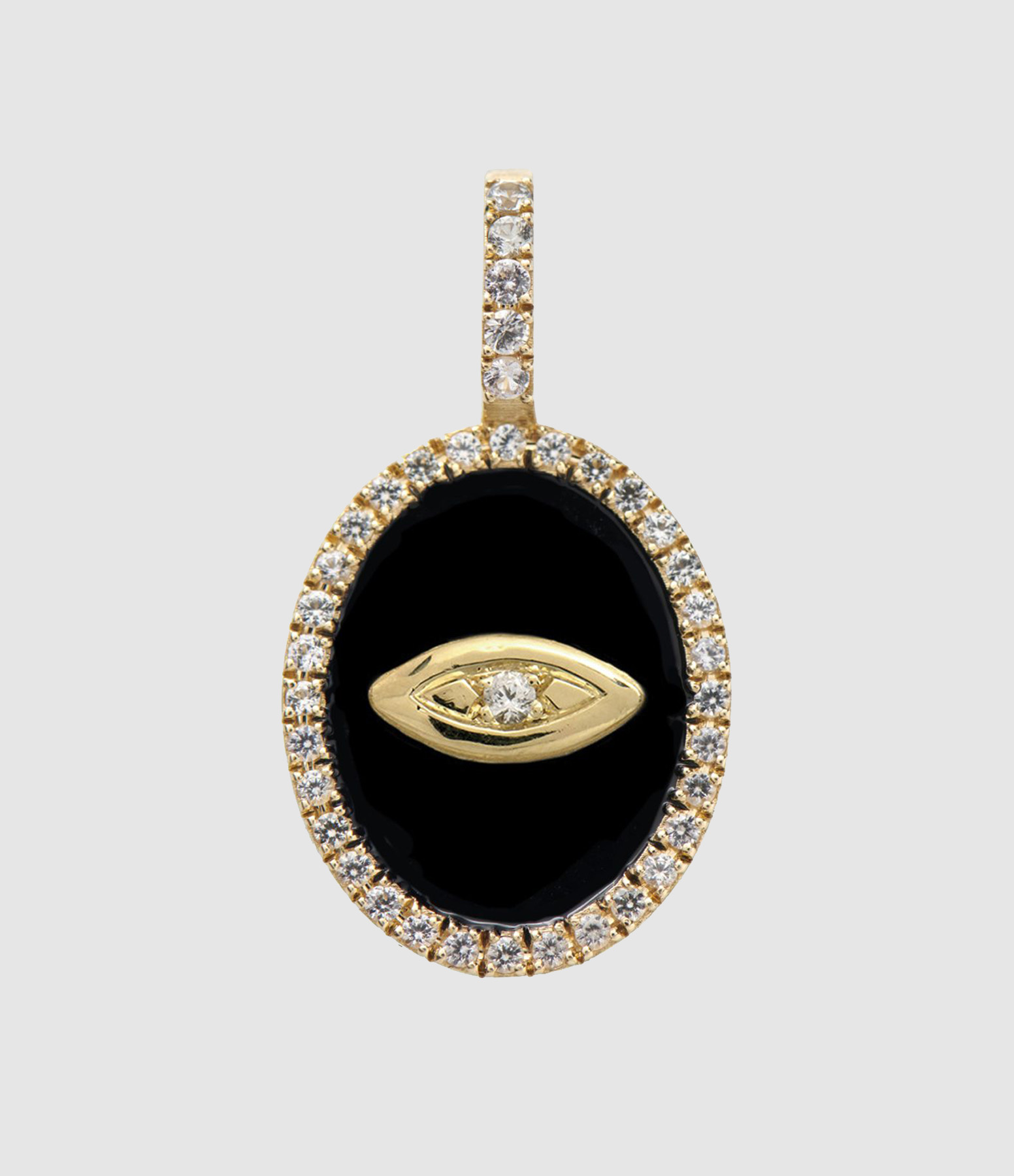 Oval Eye Pendant Set with 34 White Sapphires and Black Enamel, 14-carat Yellow Gold