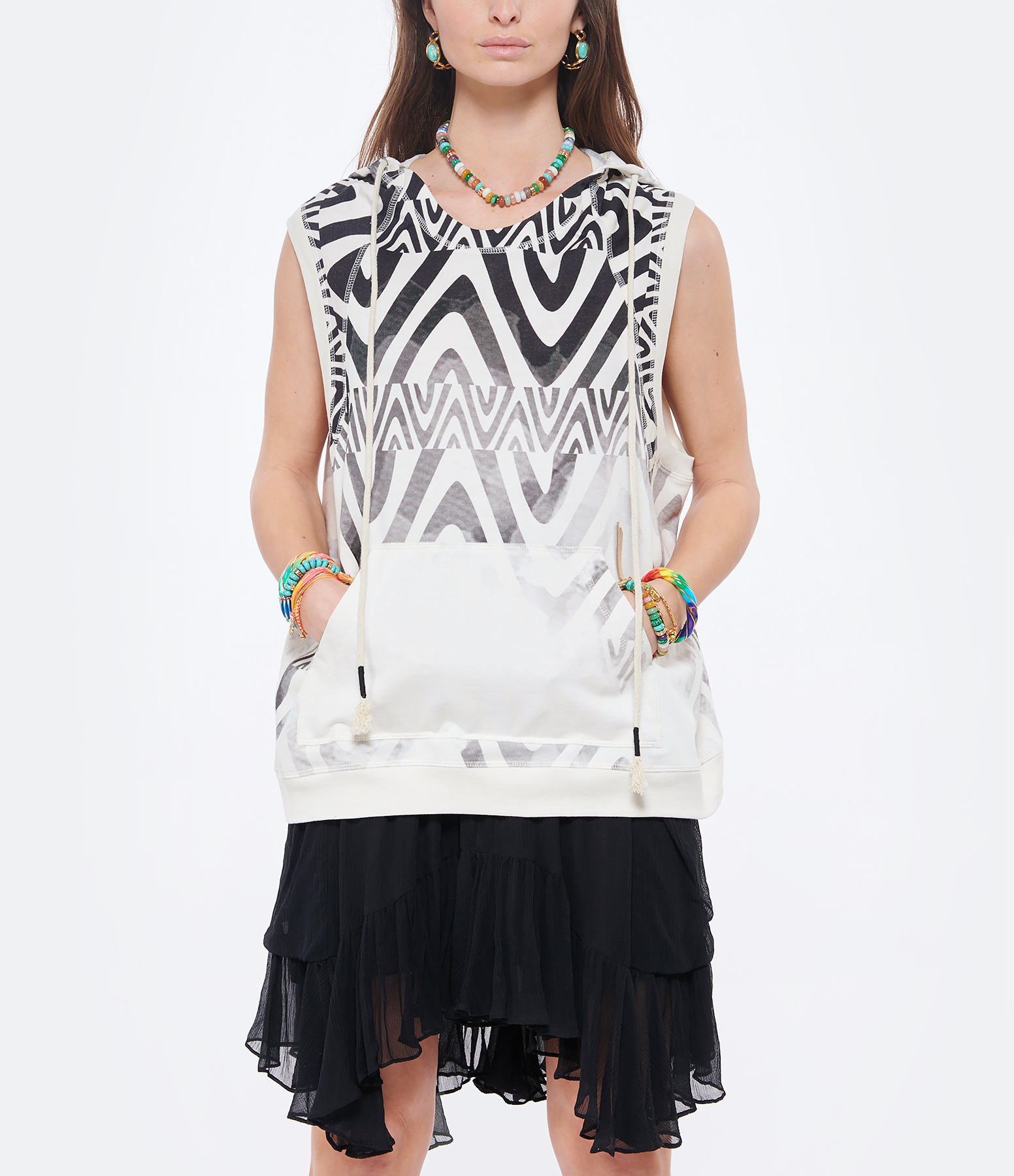 Black and White Printed Cotton Sleeveless Sweatshirt