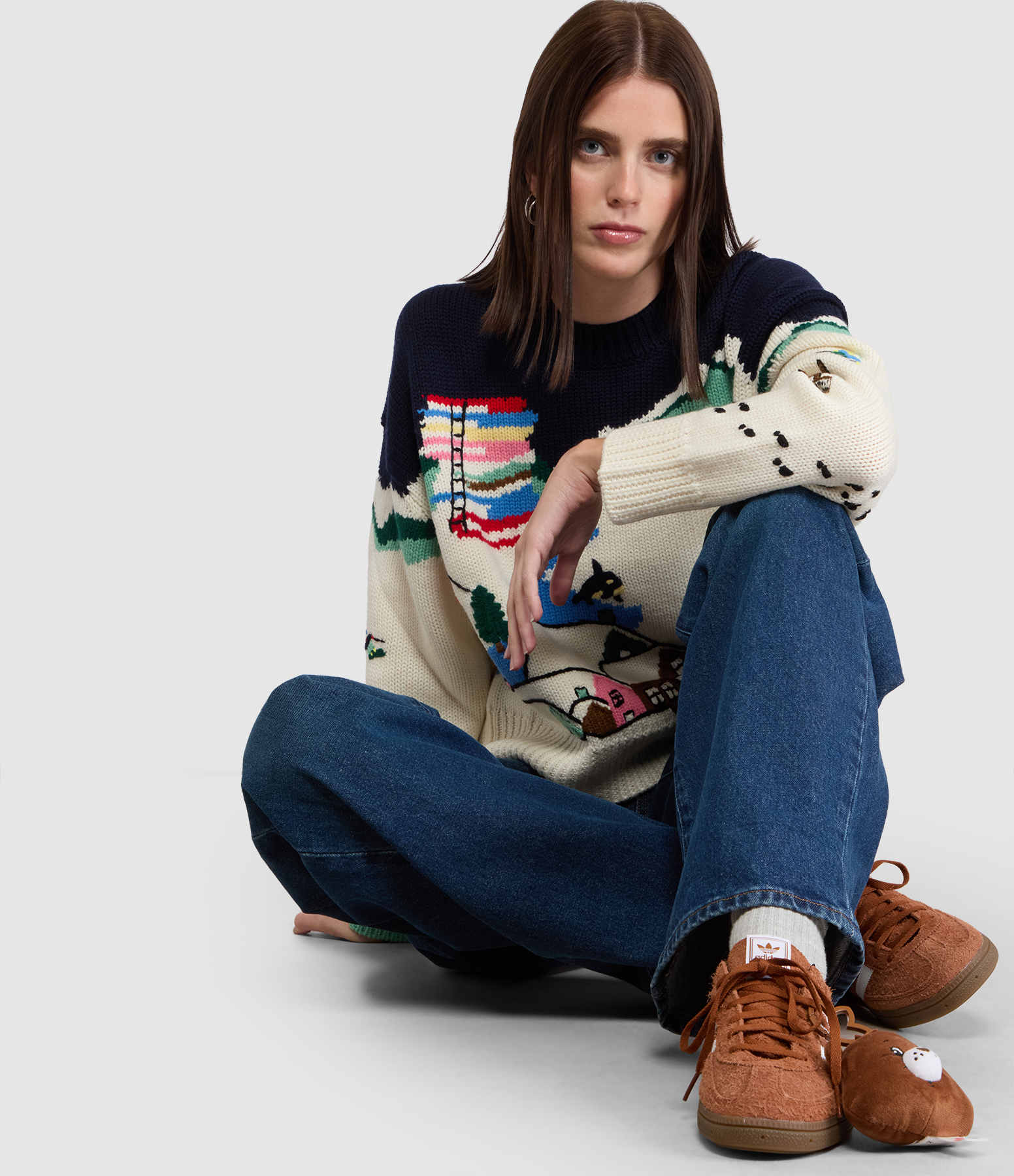 Snow Scene Intarsia Jumper with Embroidery – Multi-colour