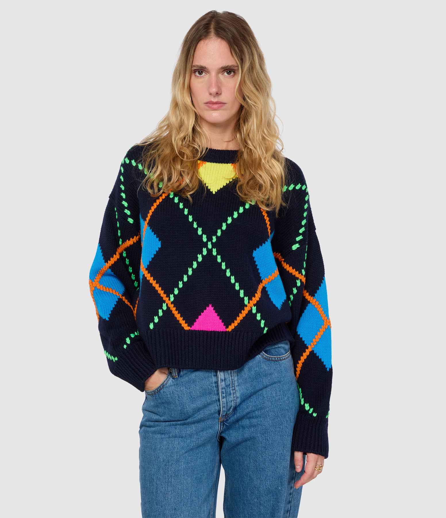 Navy Multi-Coloured Argyle Intarsia Jumper