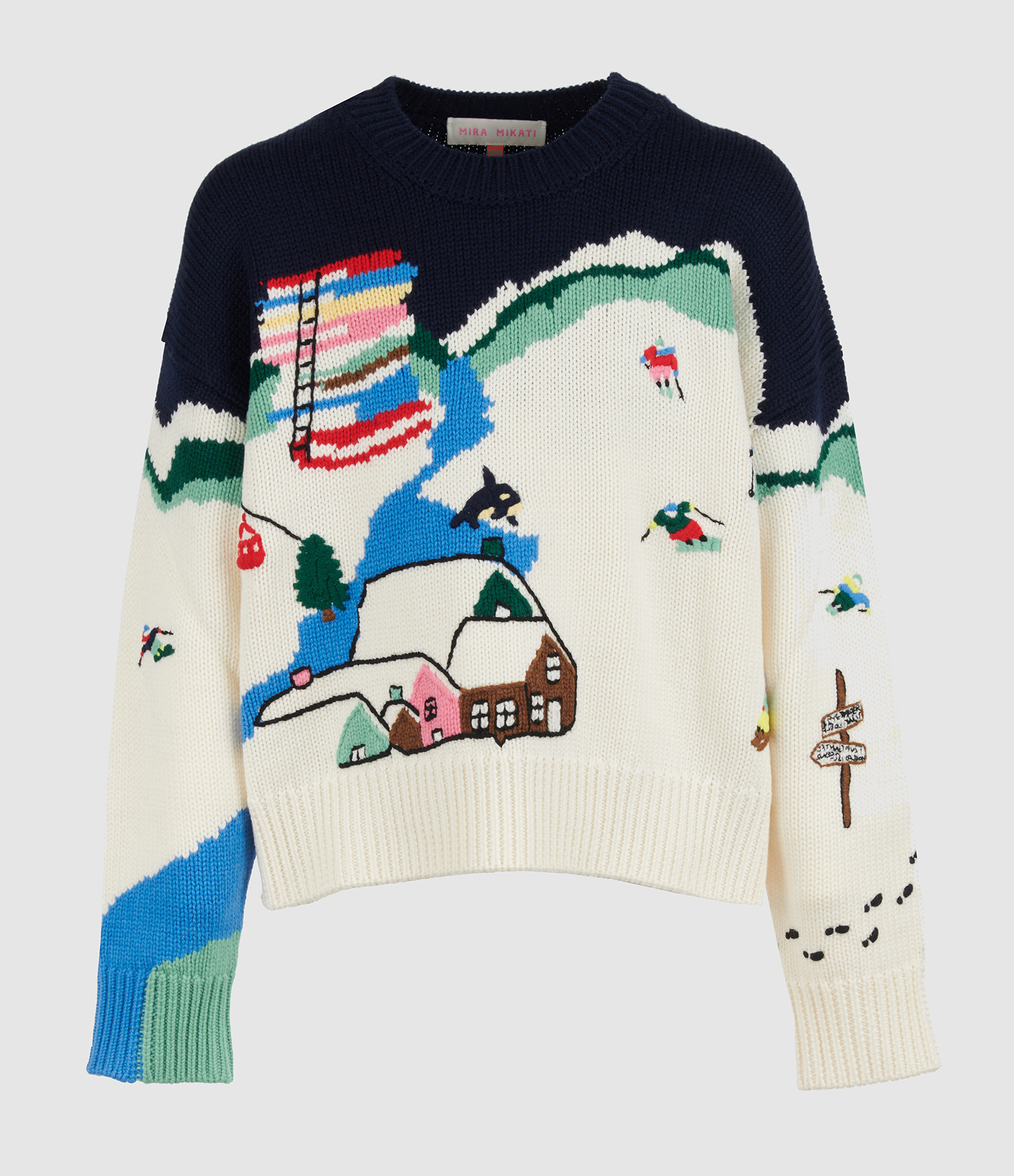 Snow Scene Intarsia Jumper with Embroidery – Multi-colour