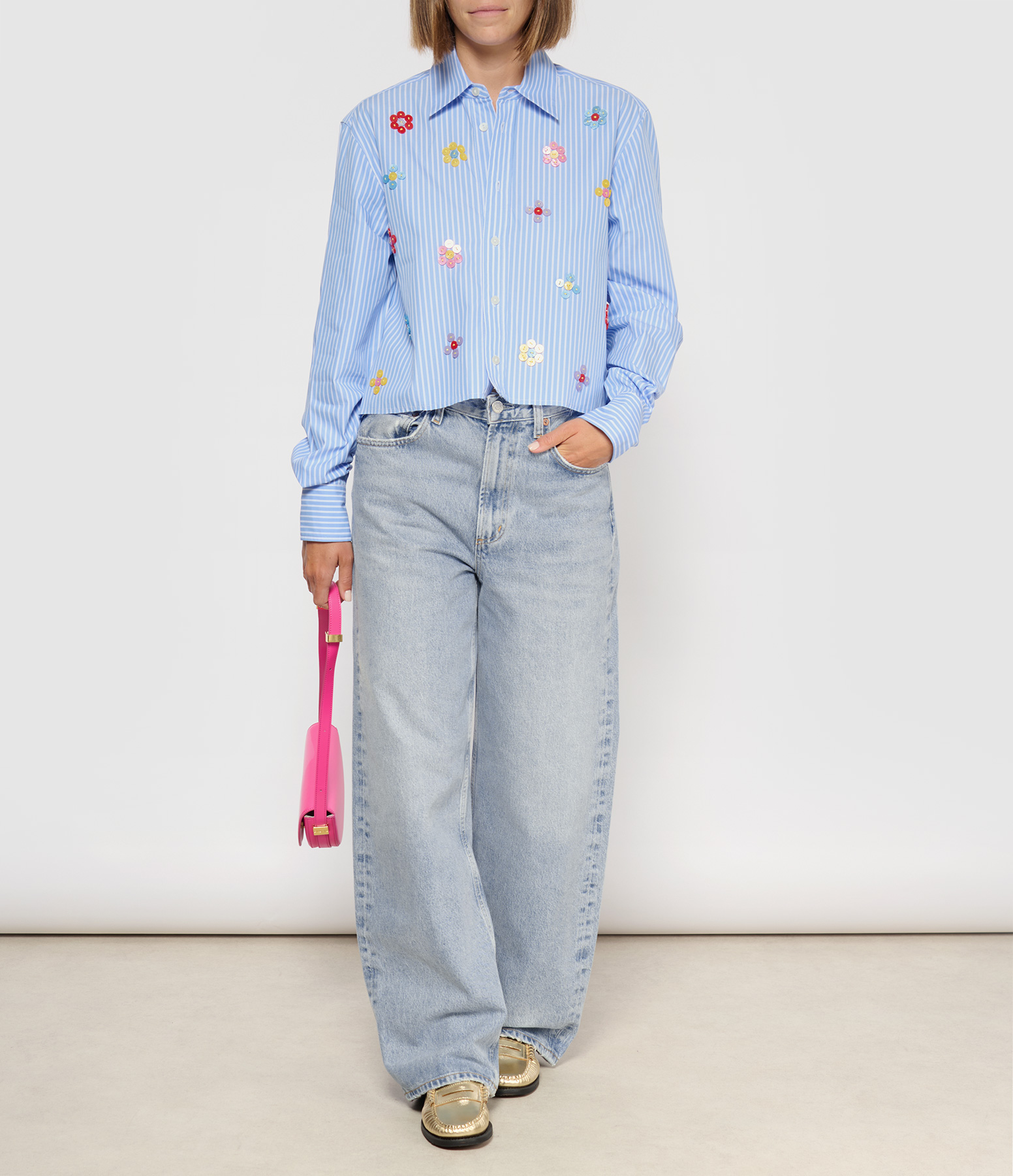 Blue and White Cropped Button-up Shirt