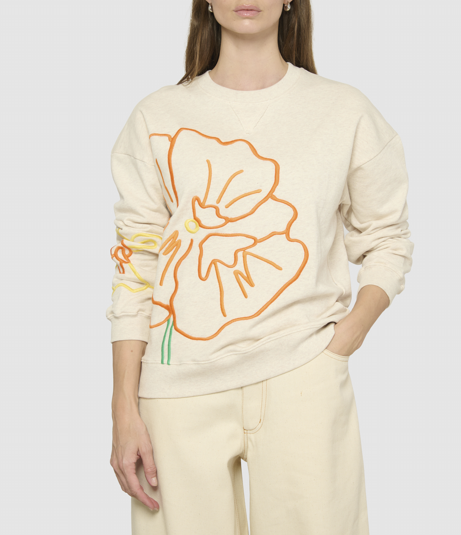 Oatmeal Melange Oversized Sweatshirt with Embroidered Flower
