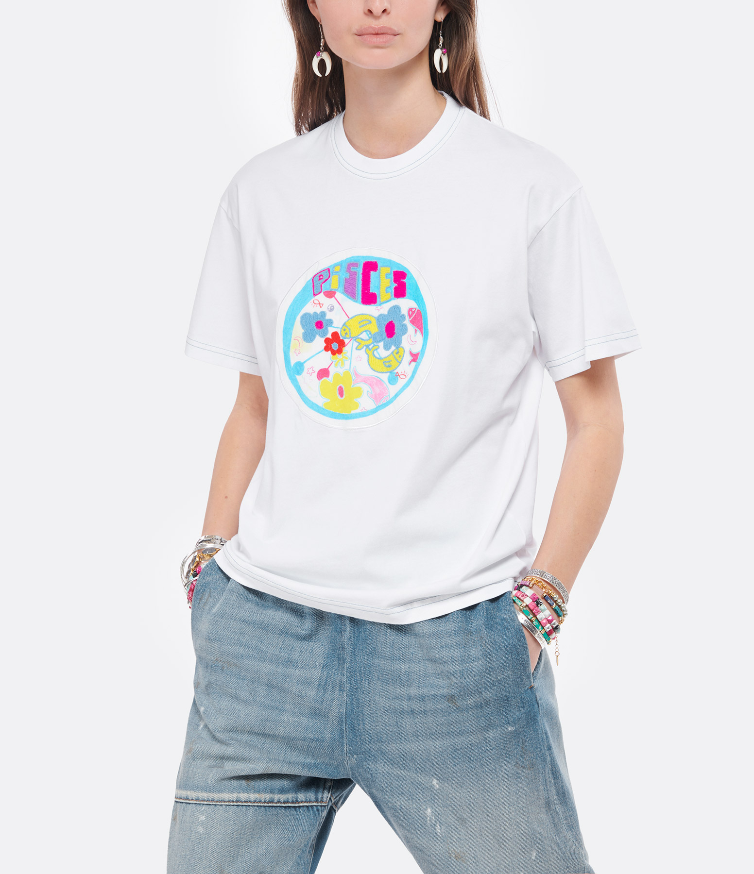 Formantera Organic Cotton White Fish T-shirt, Dancing in Tulum