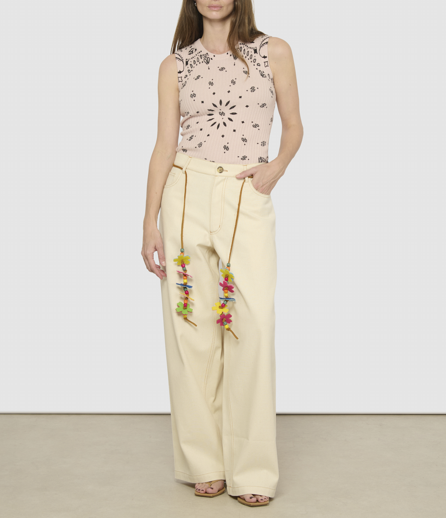 Relaxed-fit Cotton Twill Trousers with Floral Belt – Natural