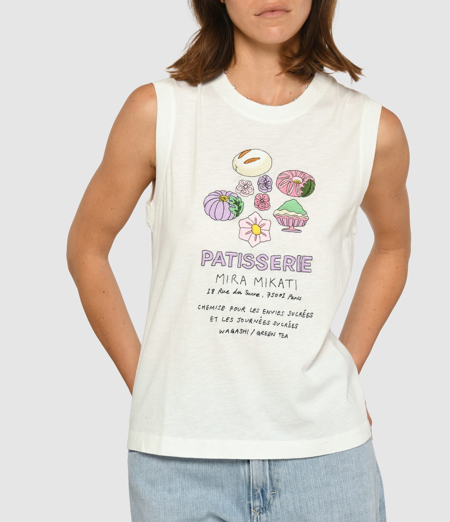 White Sleeveless Embroidered T-shirt with Bead Detail