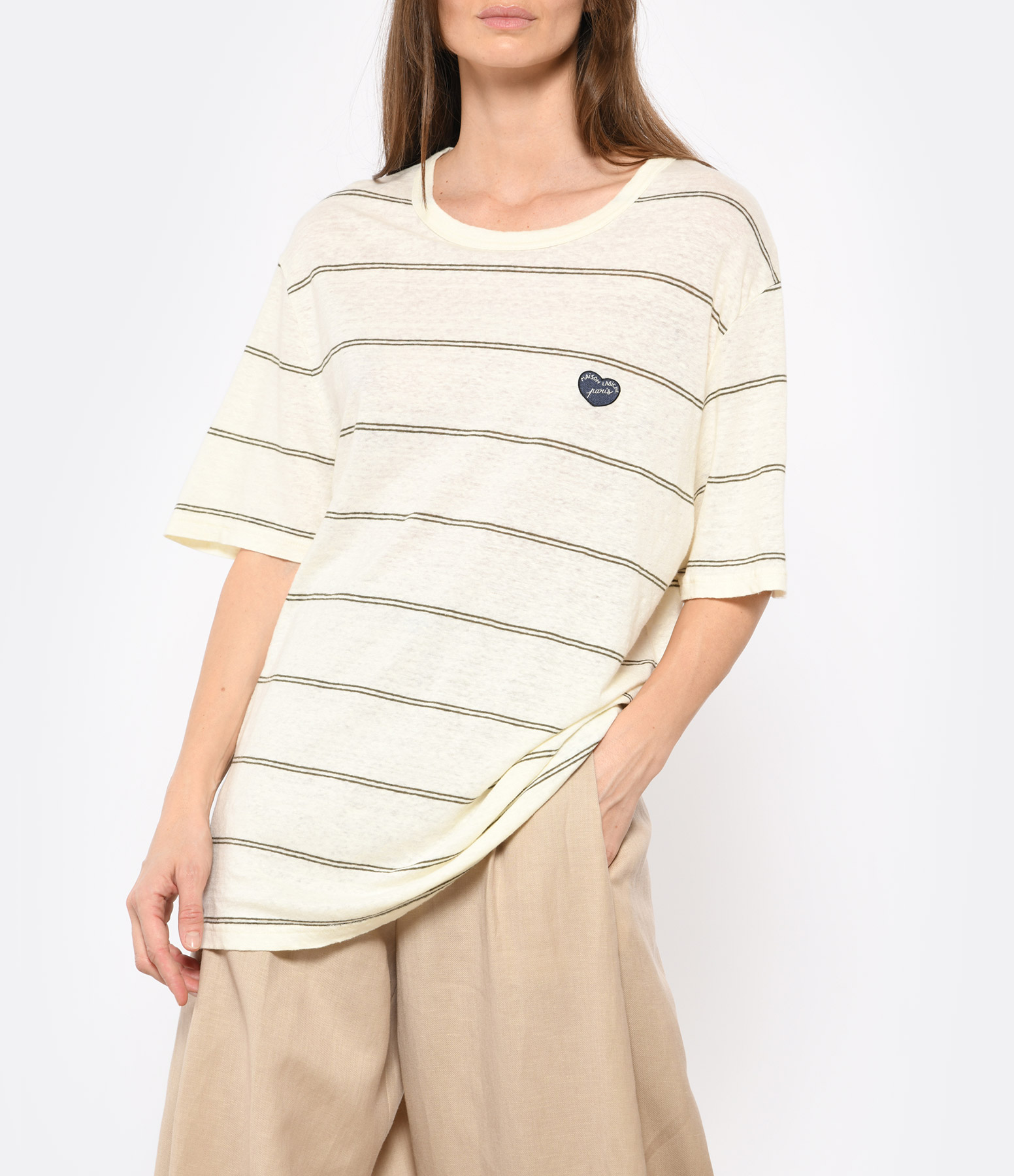 Villiers T-shirt with Large Heart Patch and Ivory Stripes