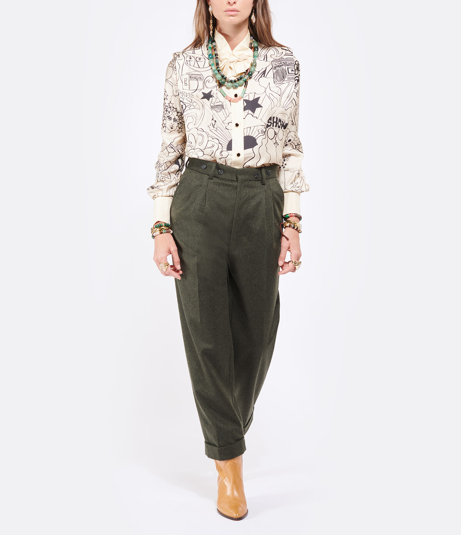 Forest Green Wool Bell-Bottom Trousers
