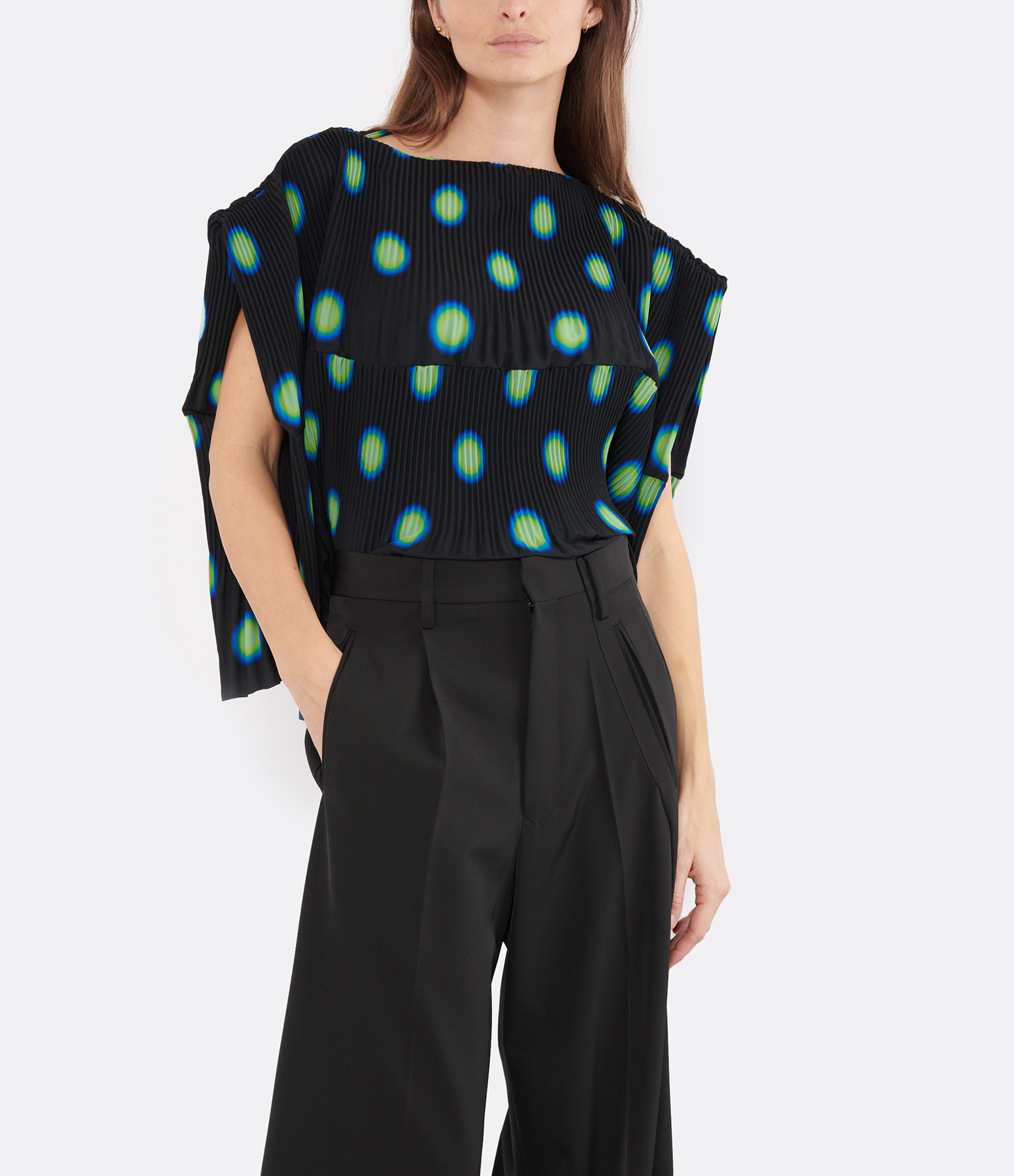 Black Pleated Top with Polka Dots