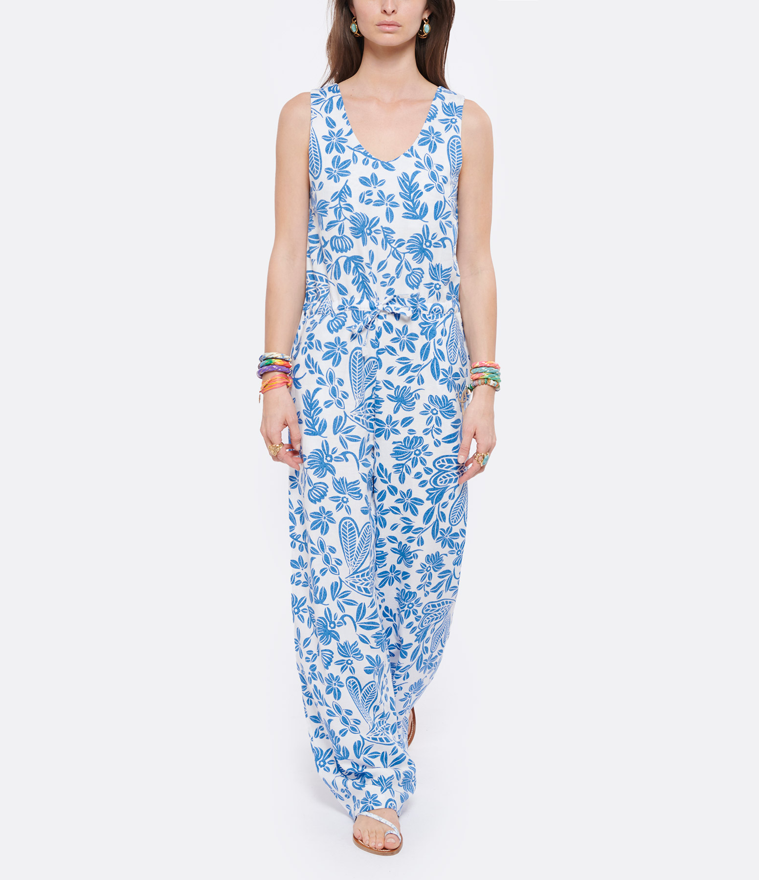 Céline Fokis Blue Printed Cotton and Linen Jumpsuit