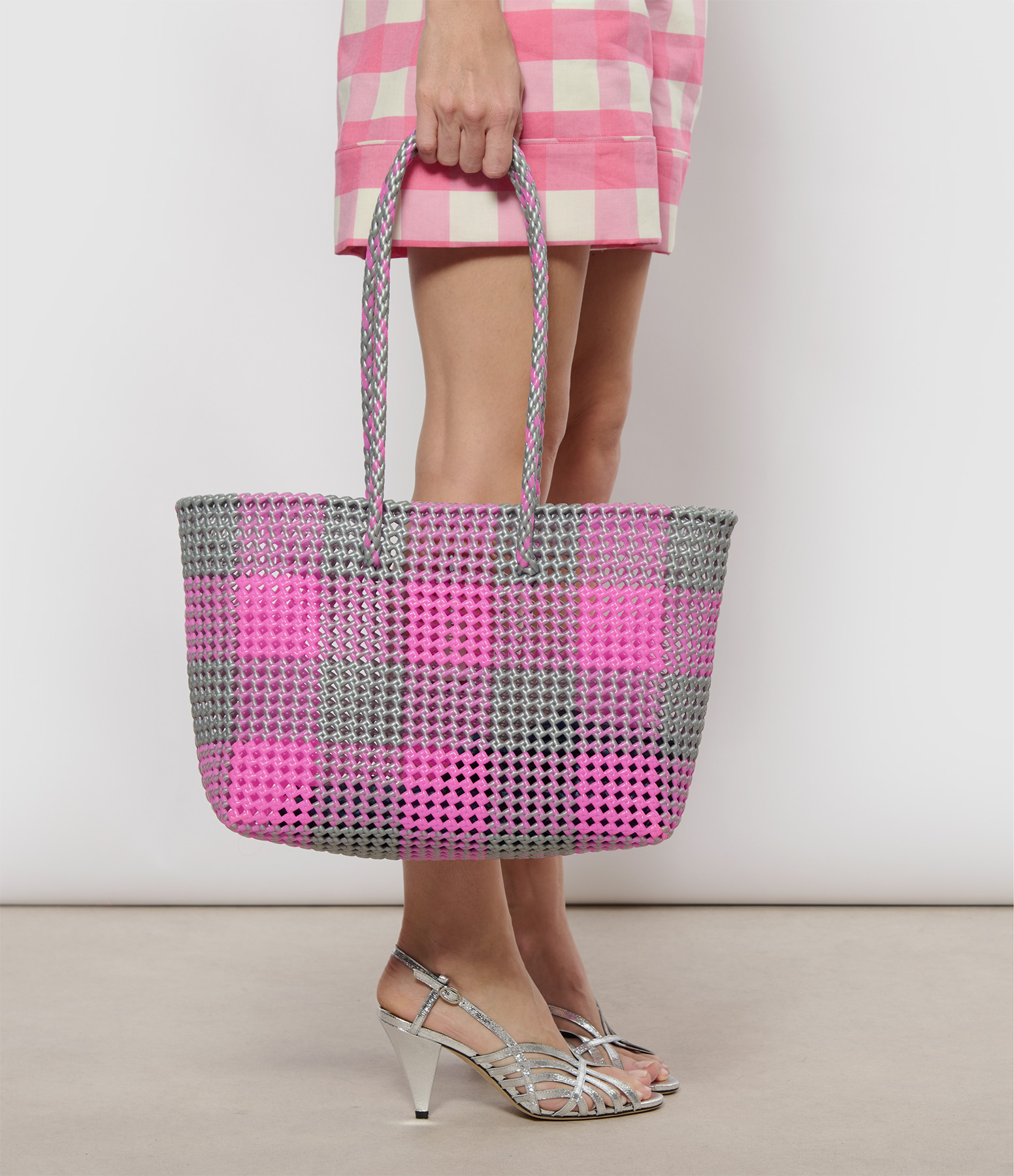 Scoubidou L Bag with Large Handles – Light Pink and Silver