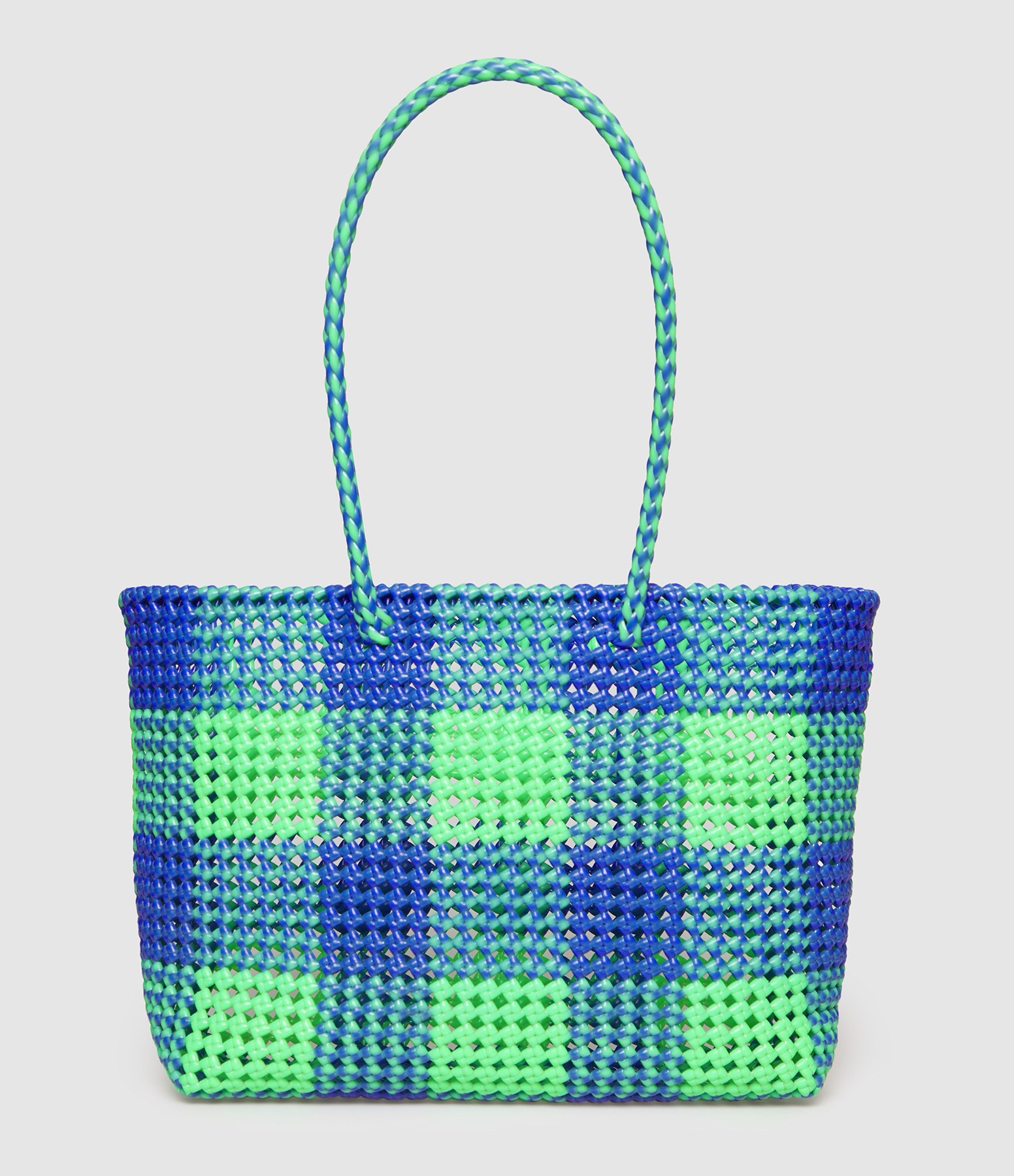 Scoubidou L Bag with Large Handles – Neon Green and Dark Blue