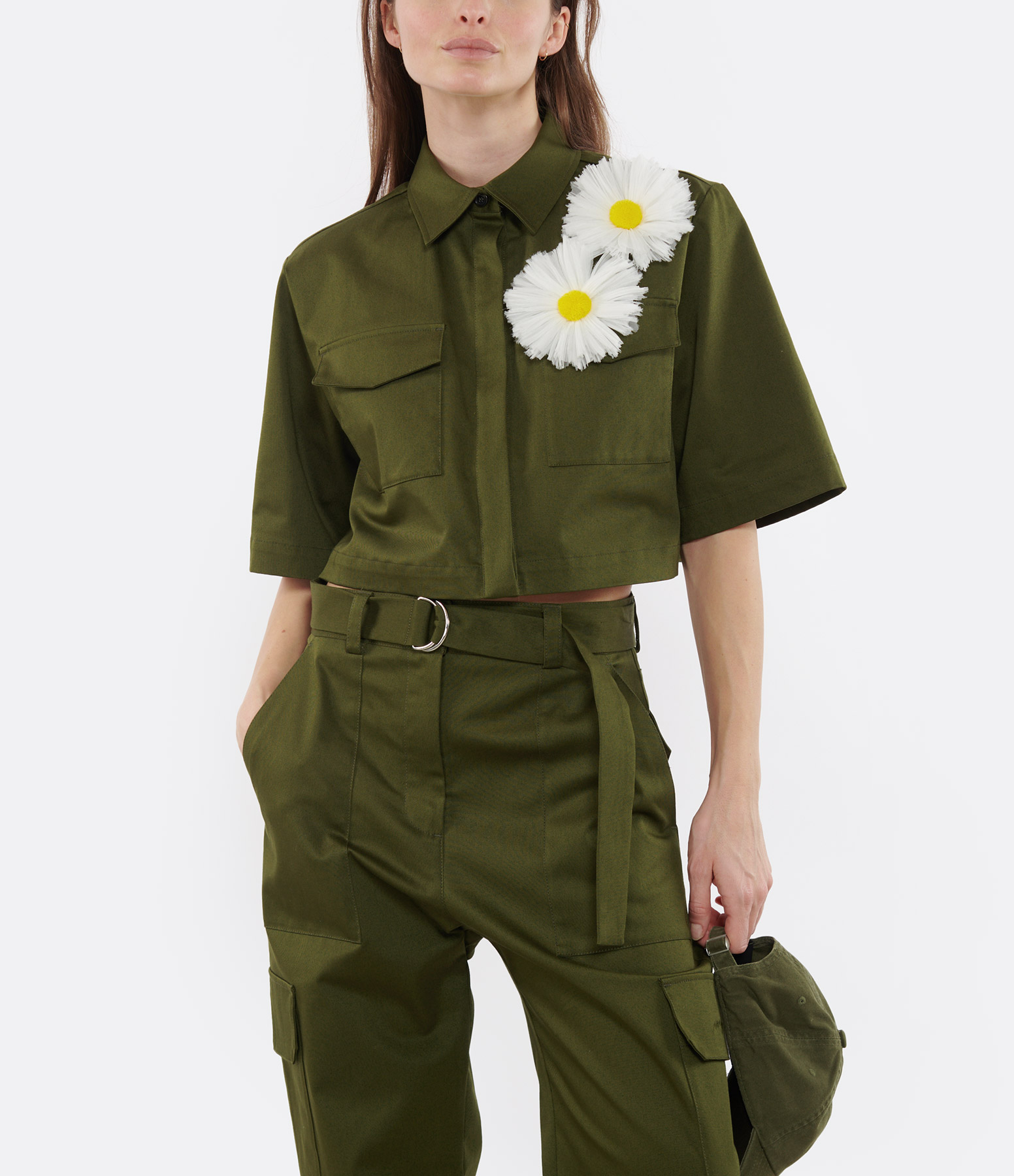 Green Cotton Floral Military Shirt