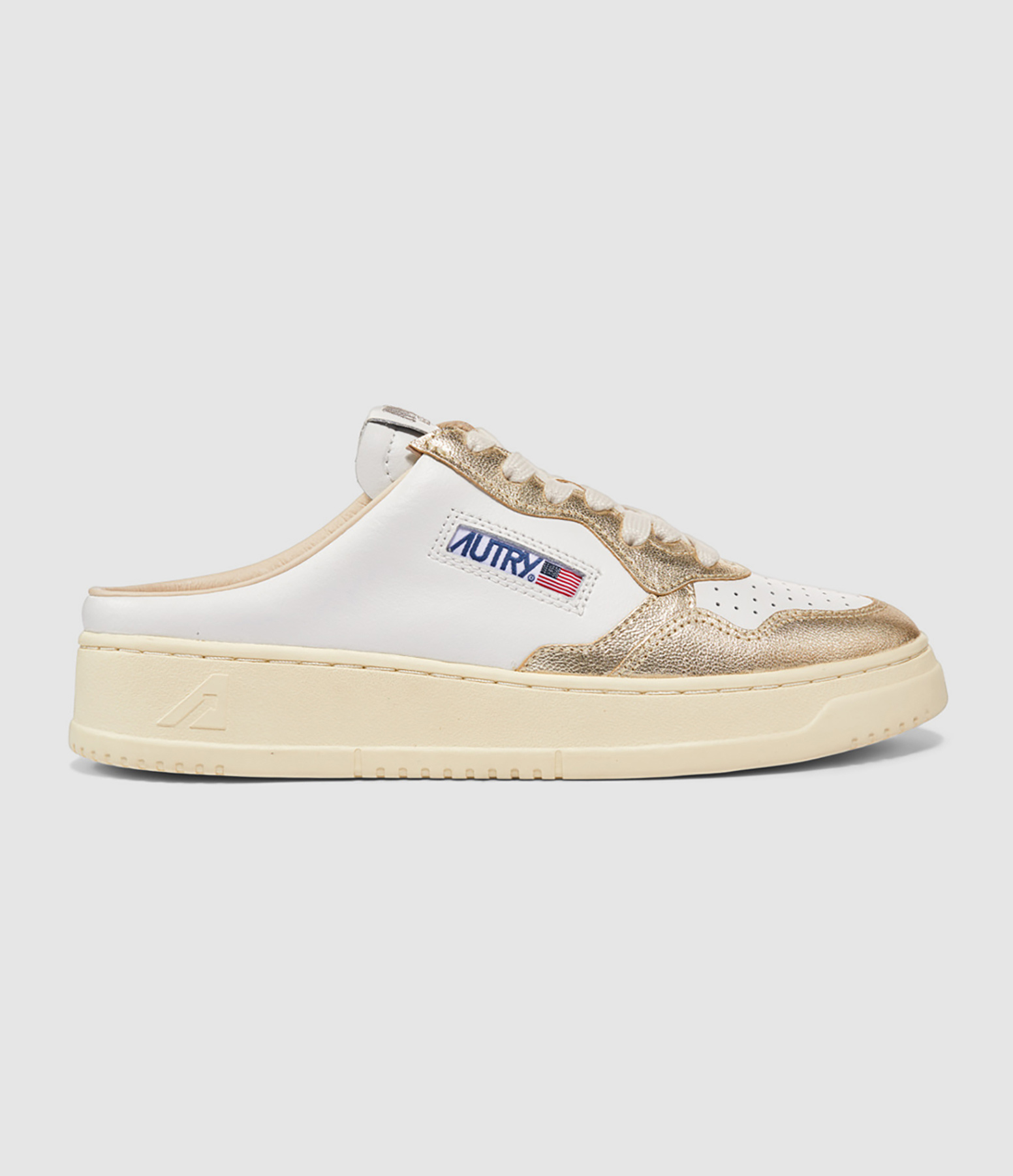 Medalist Mule Trainers in White Leather and Platinum