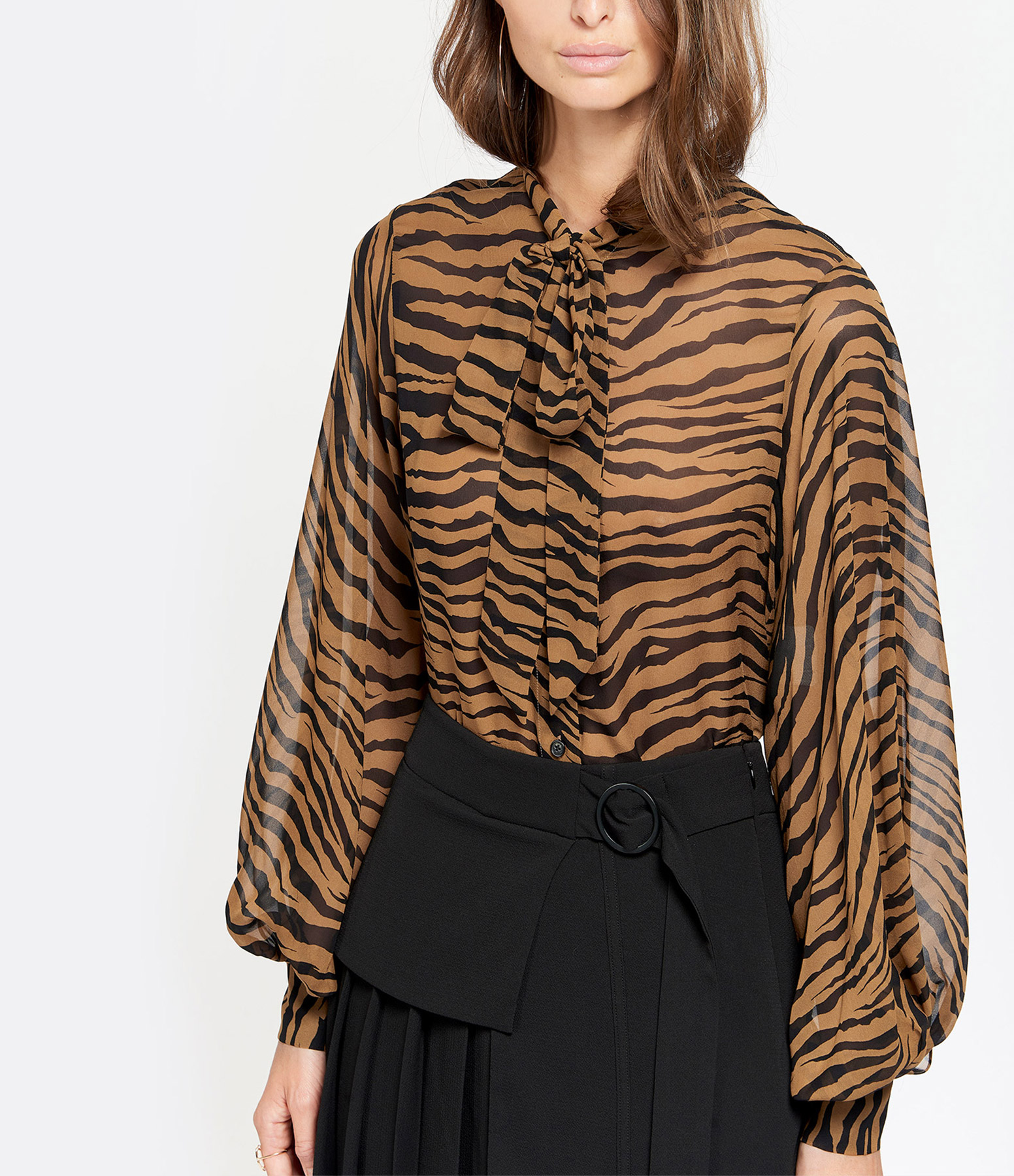 Monica Tiger-Print Silk Lavallière Shirt