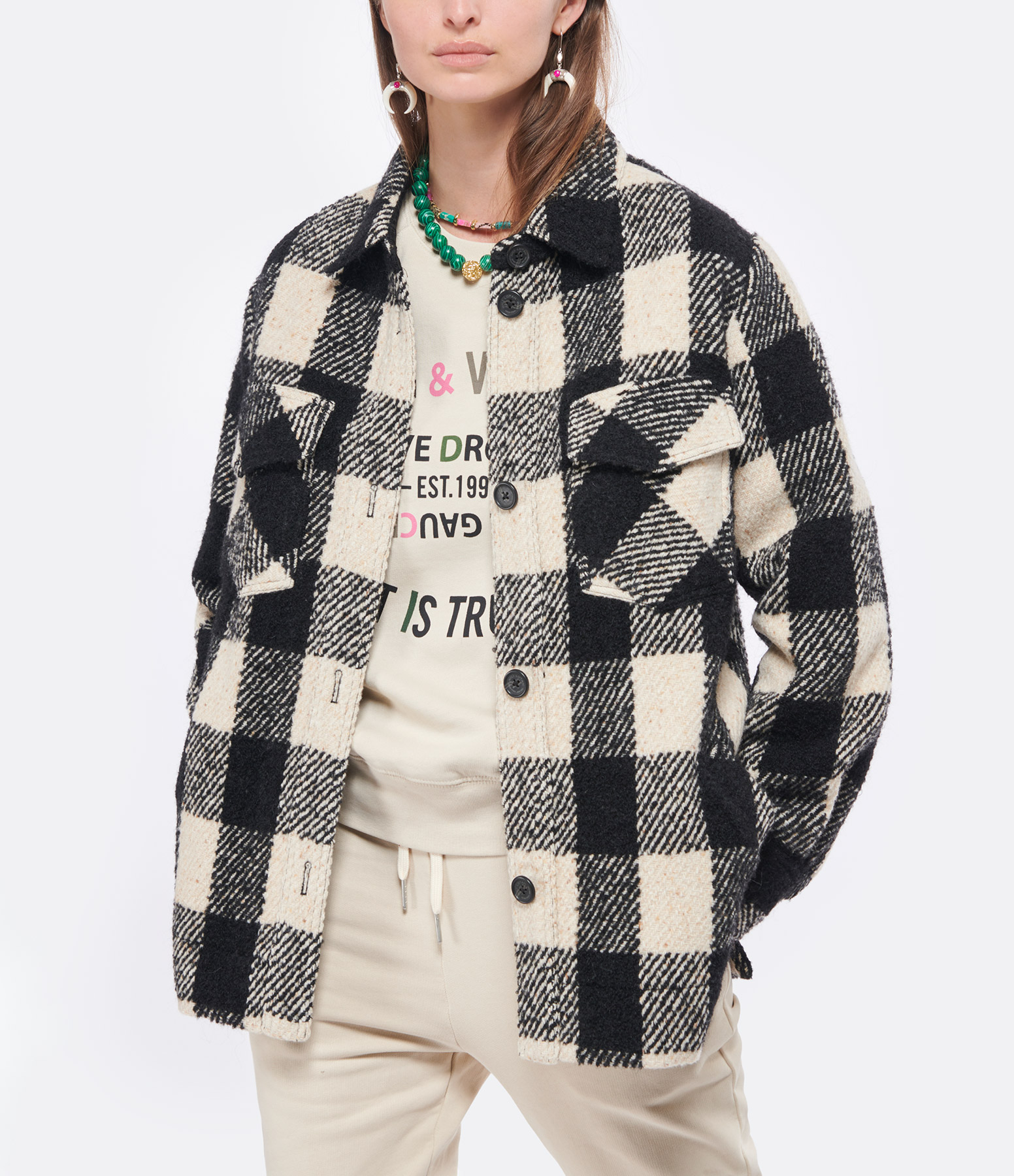 Lenore Wool Checked Coat in Black and Ivory