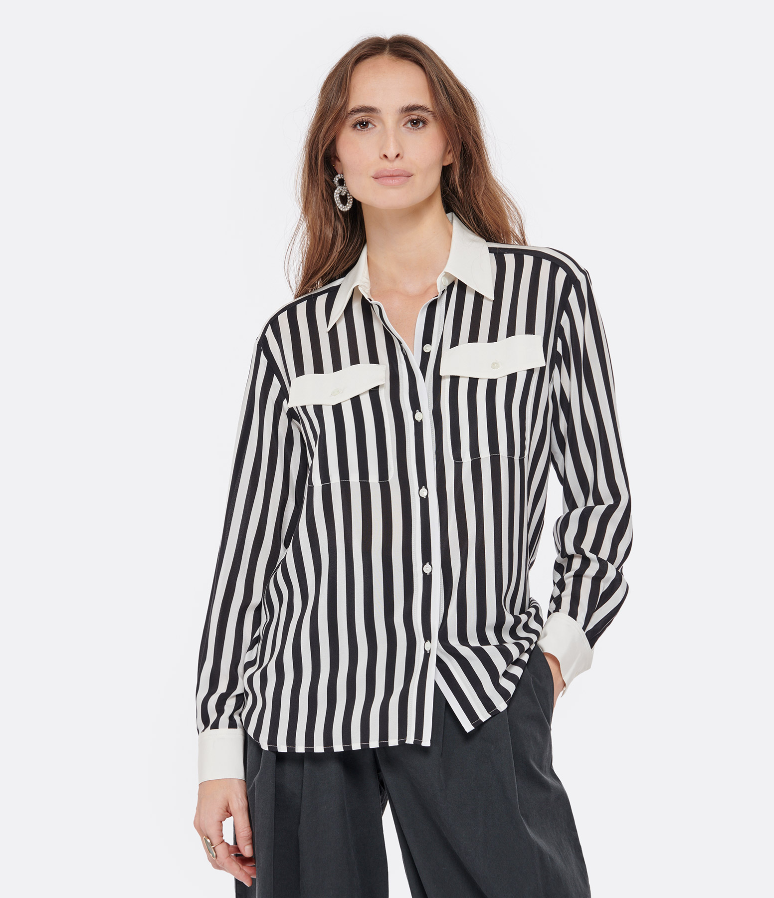 Elsa Silk Black and White Striped Shirt
