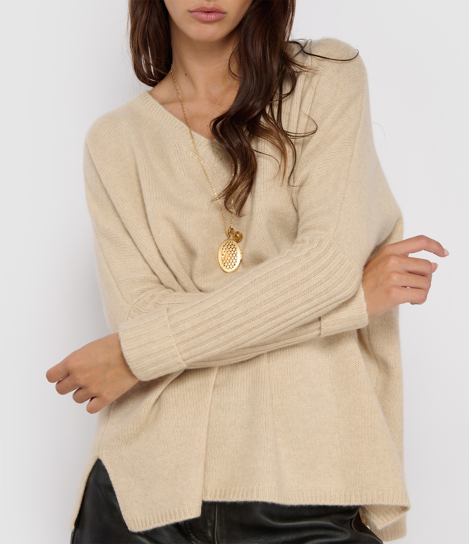 Emilienne V-neck Poncho in Marled Beige Cashmere