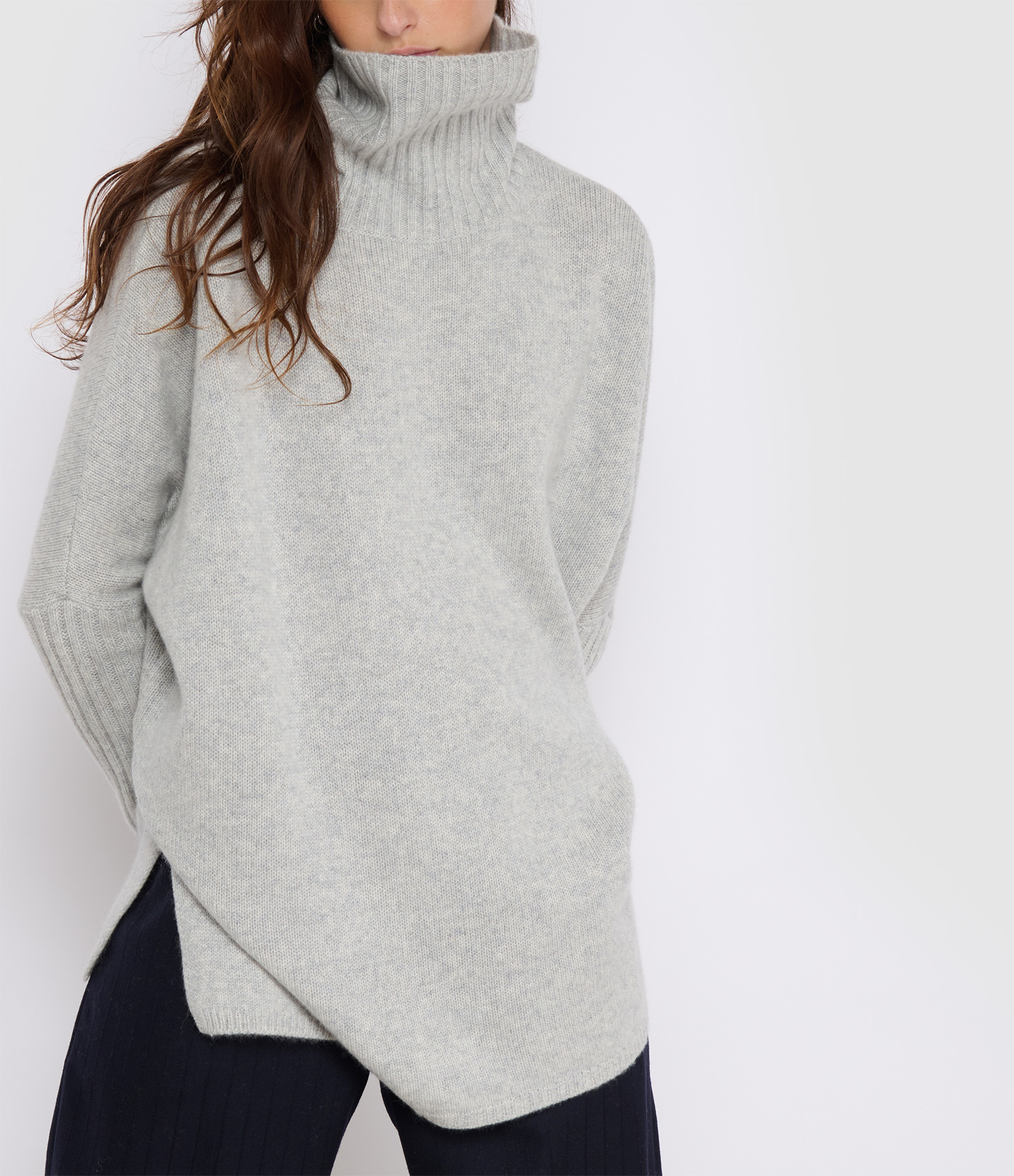 Agathe Roll-Neck Cashmere Poncho Jumper in Heather Grey