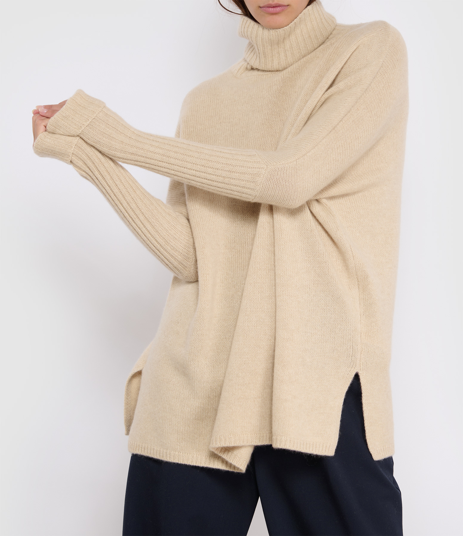 Agathe Rolled-Neck Cashmere Poncho Jumper in Marled Beige