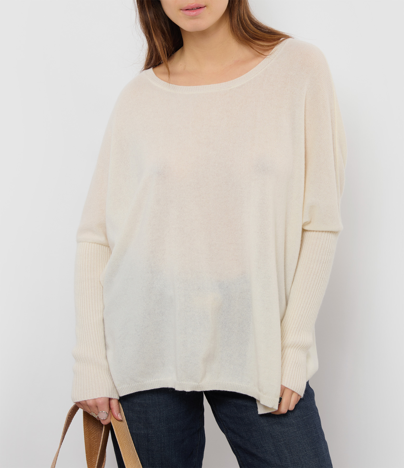 Ecru Cashmere Round-Neck Poncho Jumper