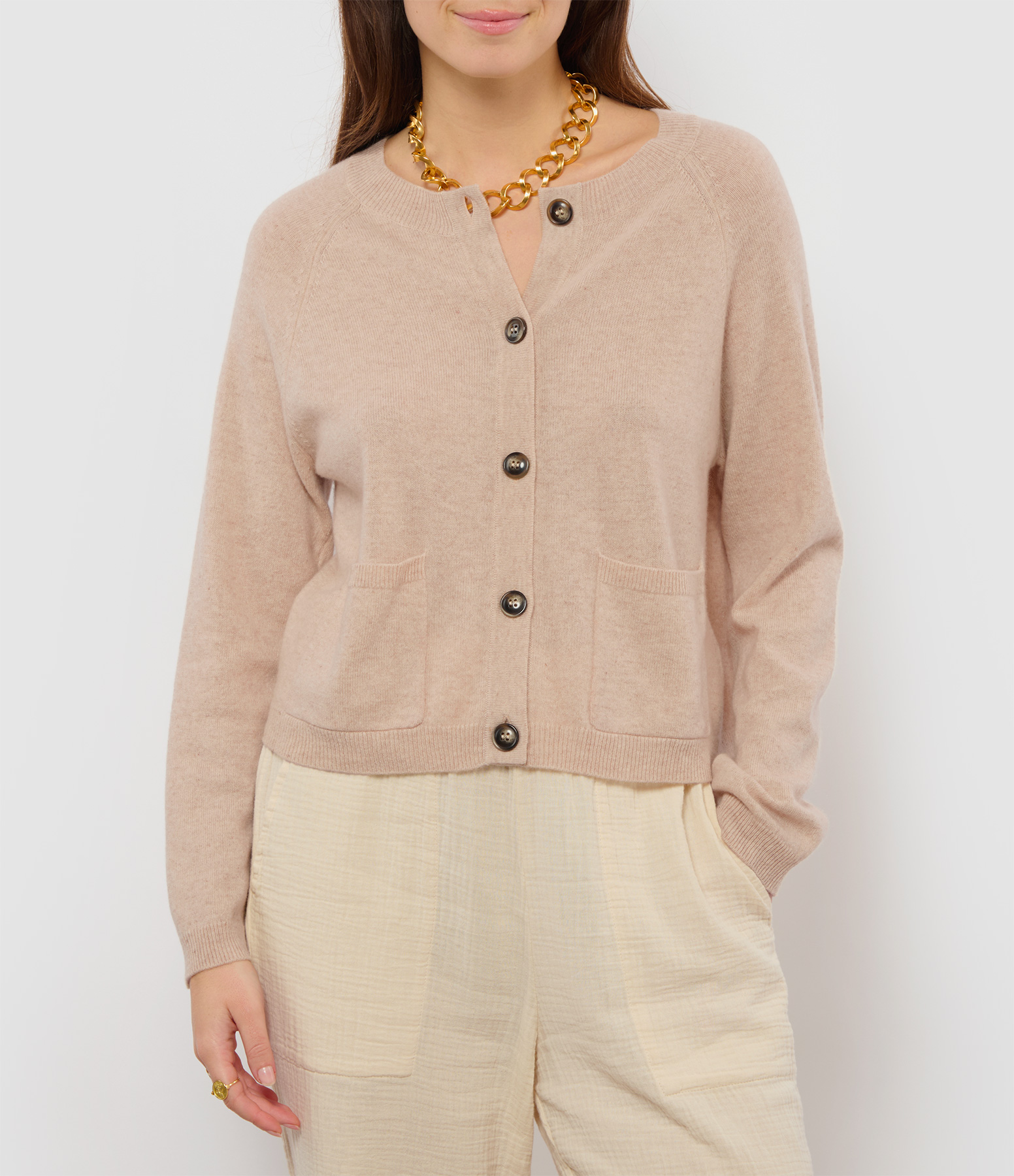 Mélange Beige Cashmere Button-Up Cardigan