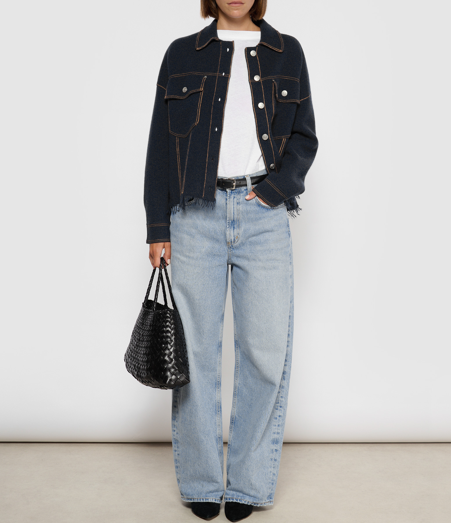 Levo Boxy Jacket with Pocket, Denim-effect Cashmere, Navy and Camel
