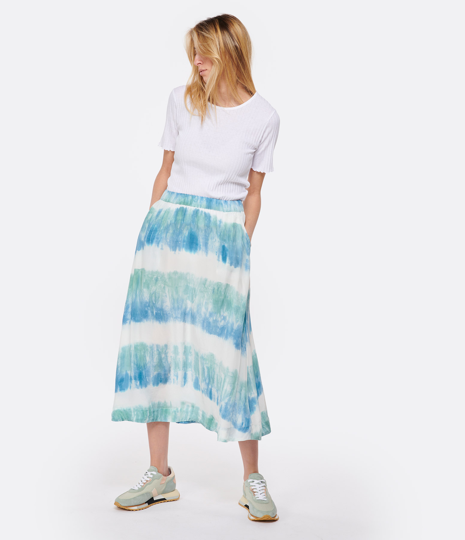 Alice Silk Skirt – Aqua Blue Stripes