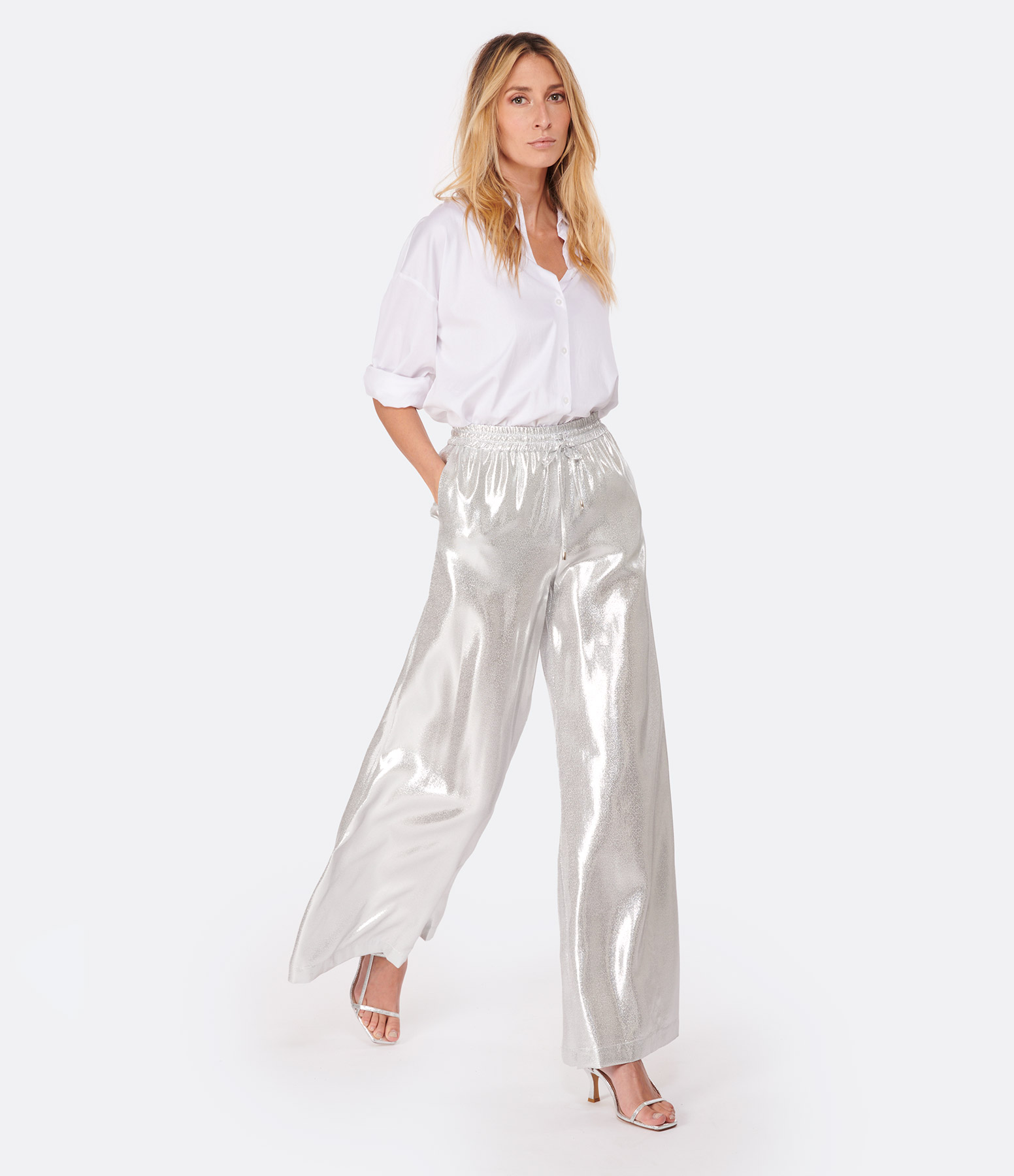 Axel Silver-Coloured Lamé Silk Trousers