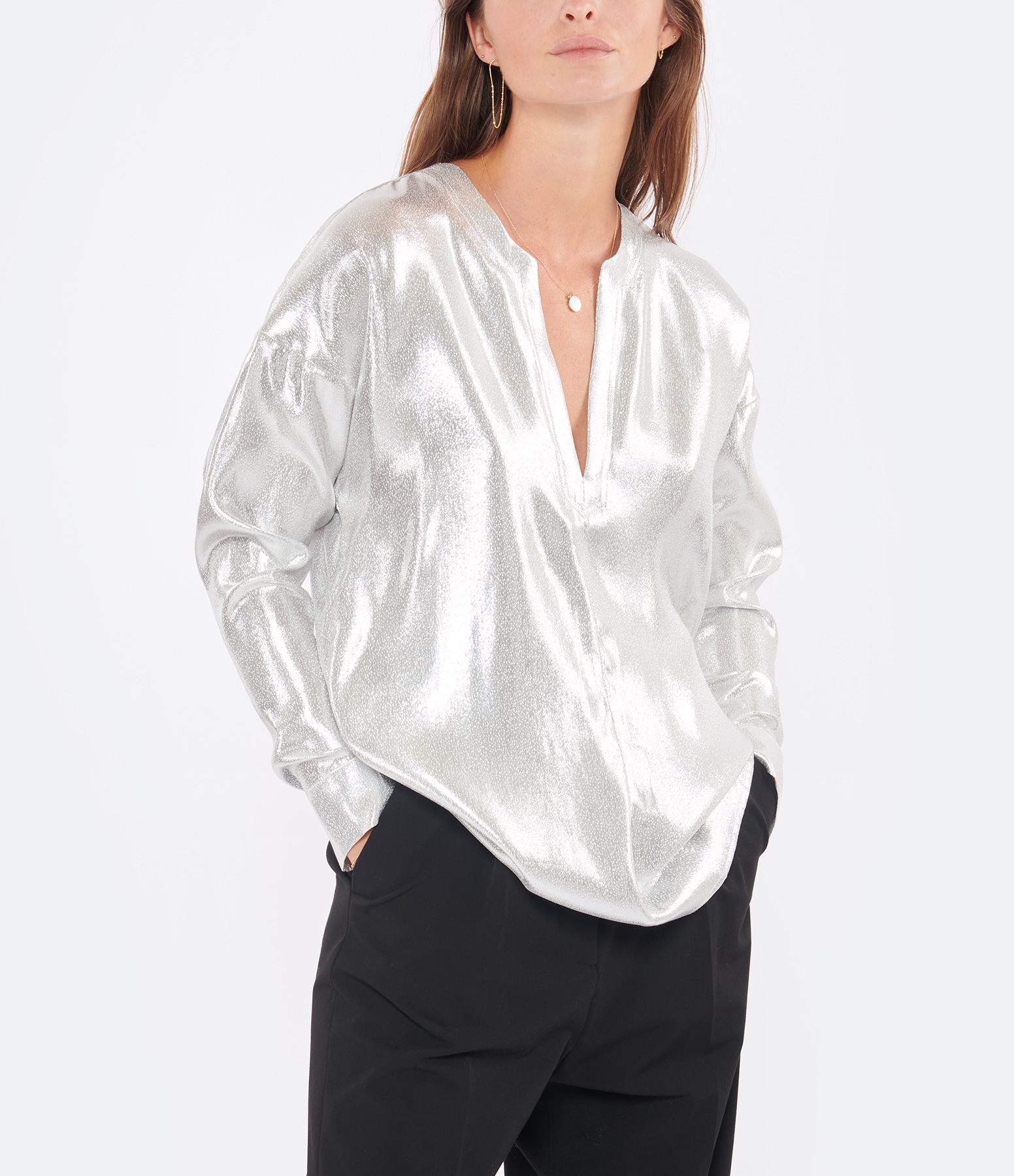 Lorenzo Blouse in Silver-Coloured Lamé Silk
