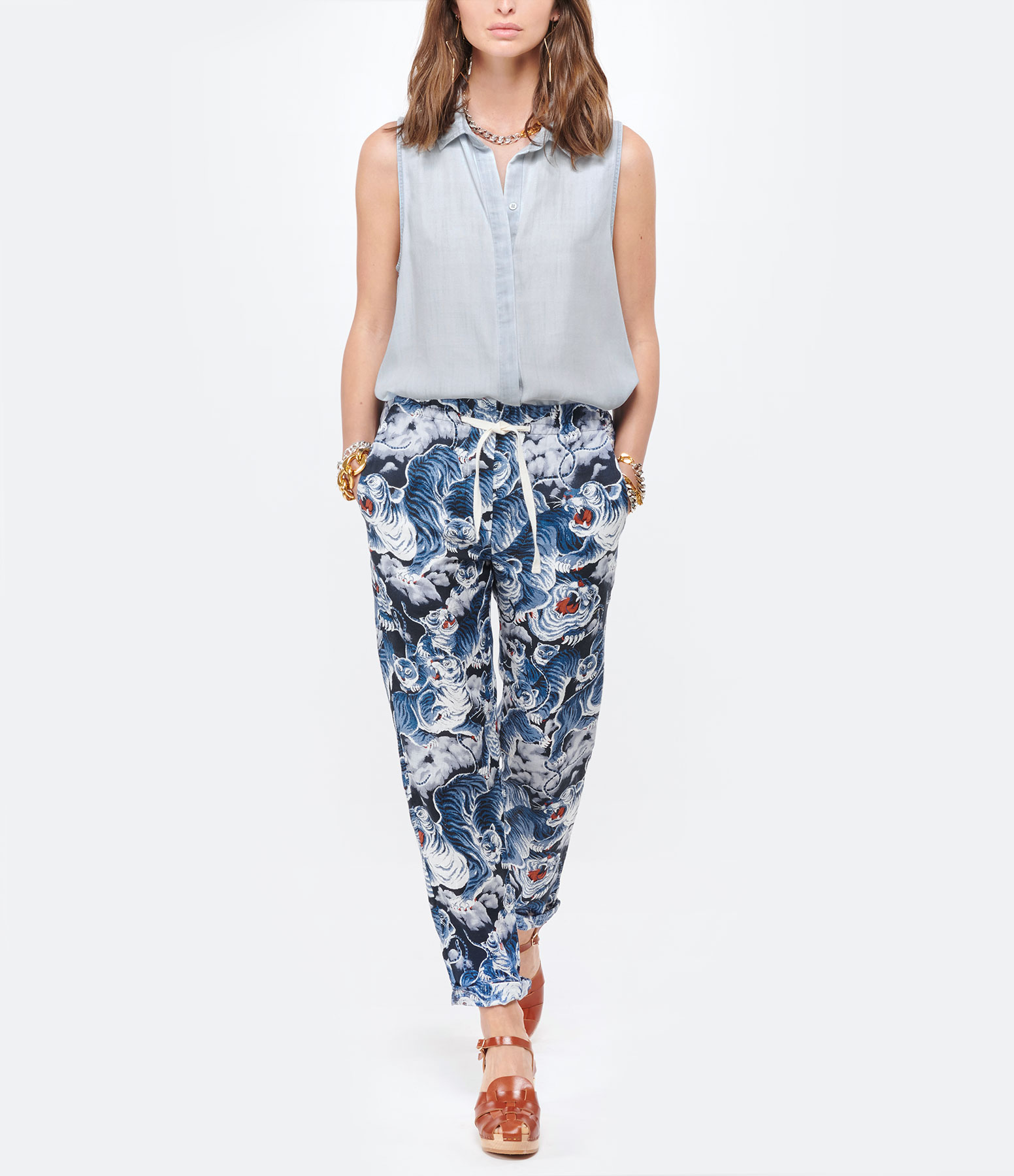 Yucca Tiger Blue Printed Linen Trousers