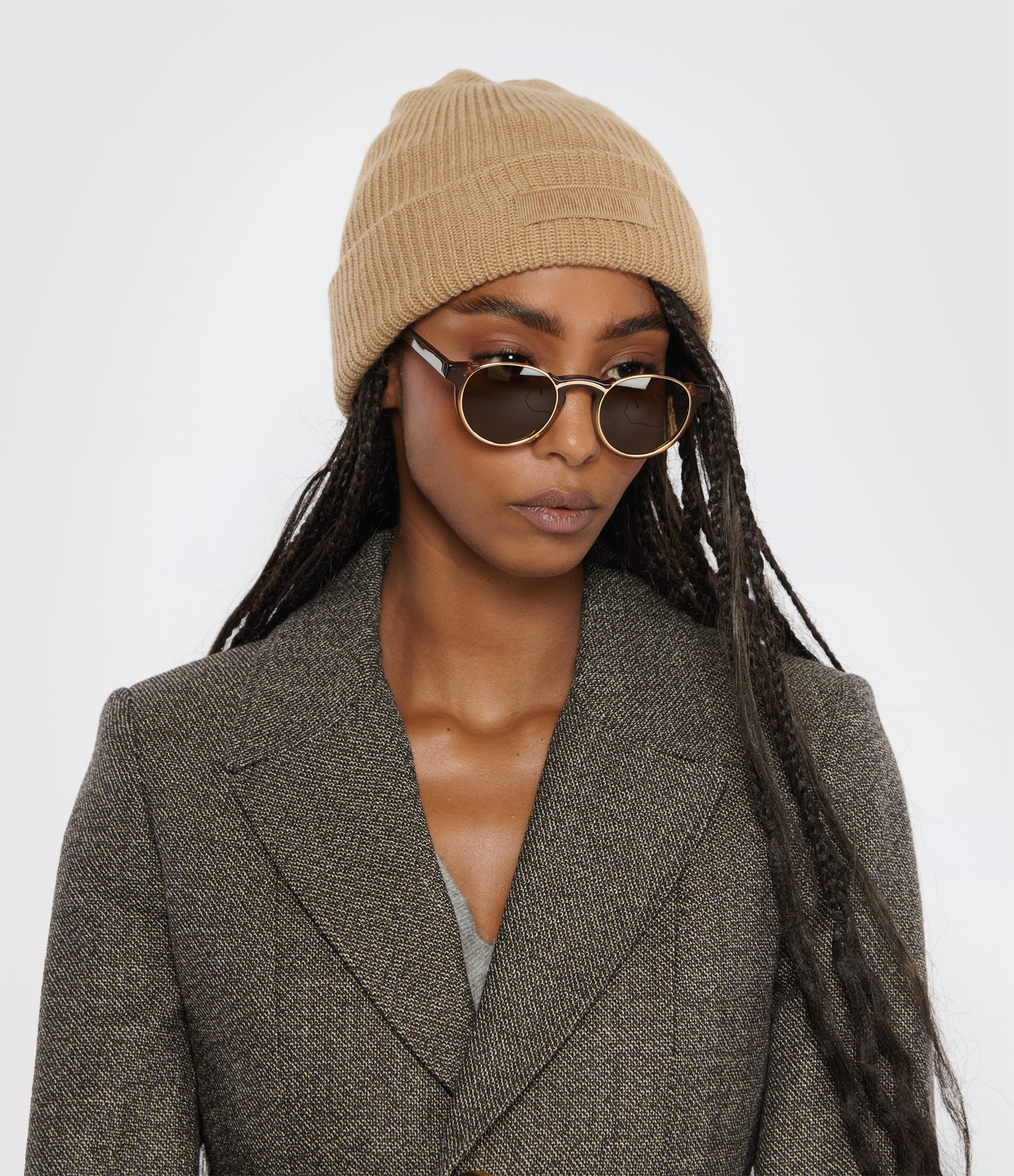 Beige Wool Knitted Ribbed Beanie