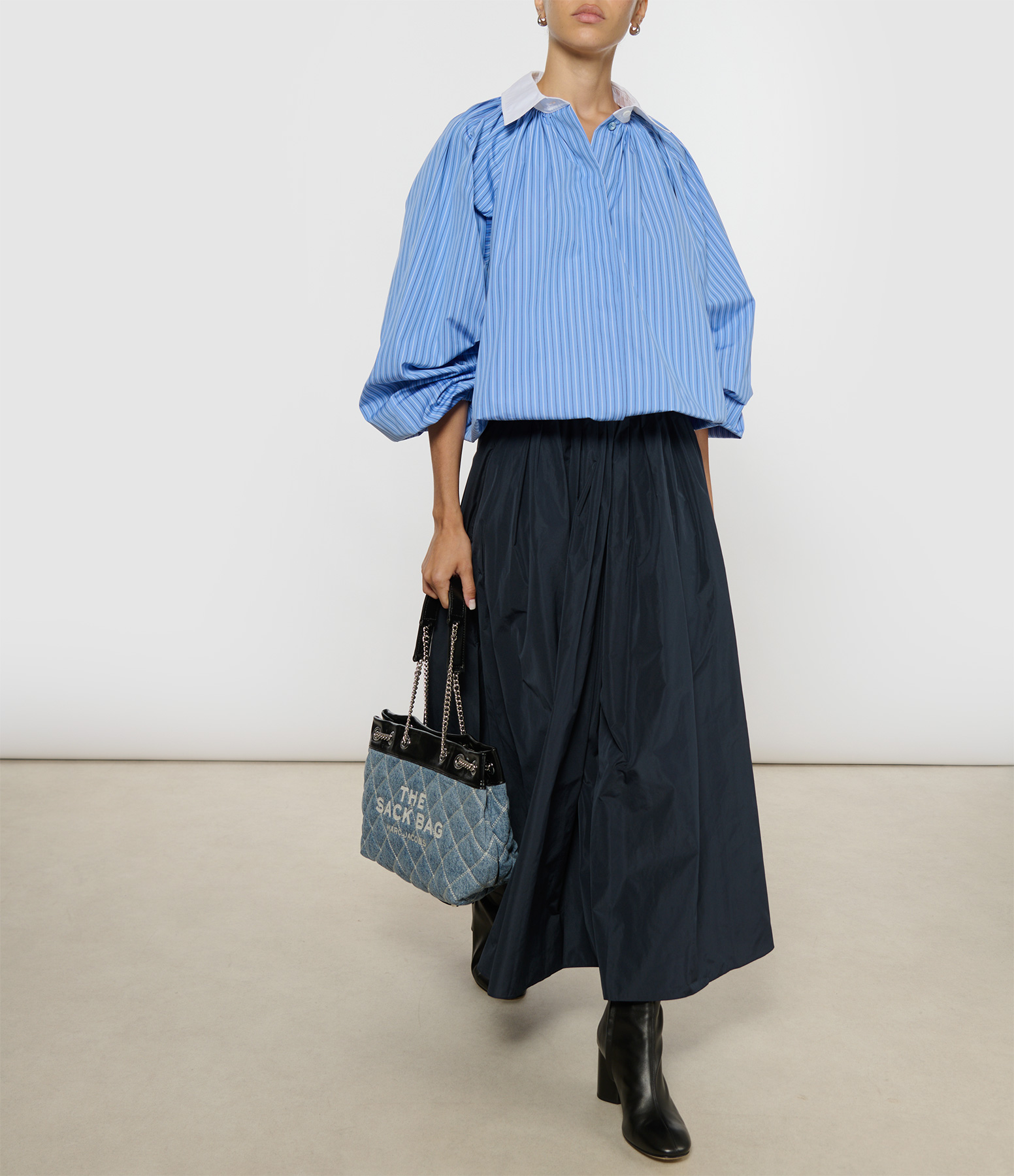 Volume Collar Blouse in Ice Blue Stripes