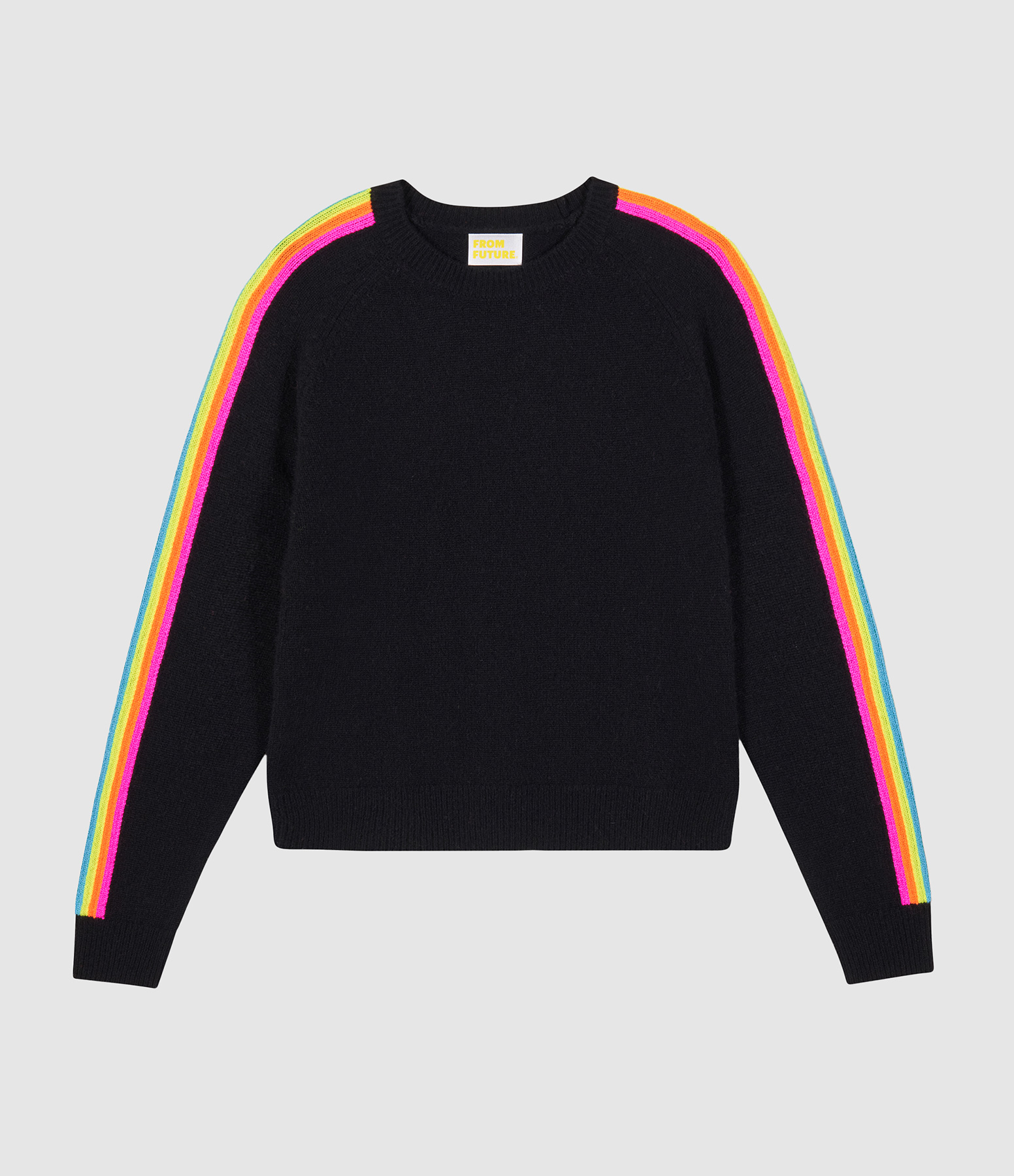 Black Round-Neck Jumper with Multicoloured Stripes