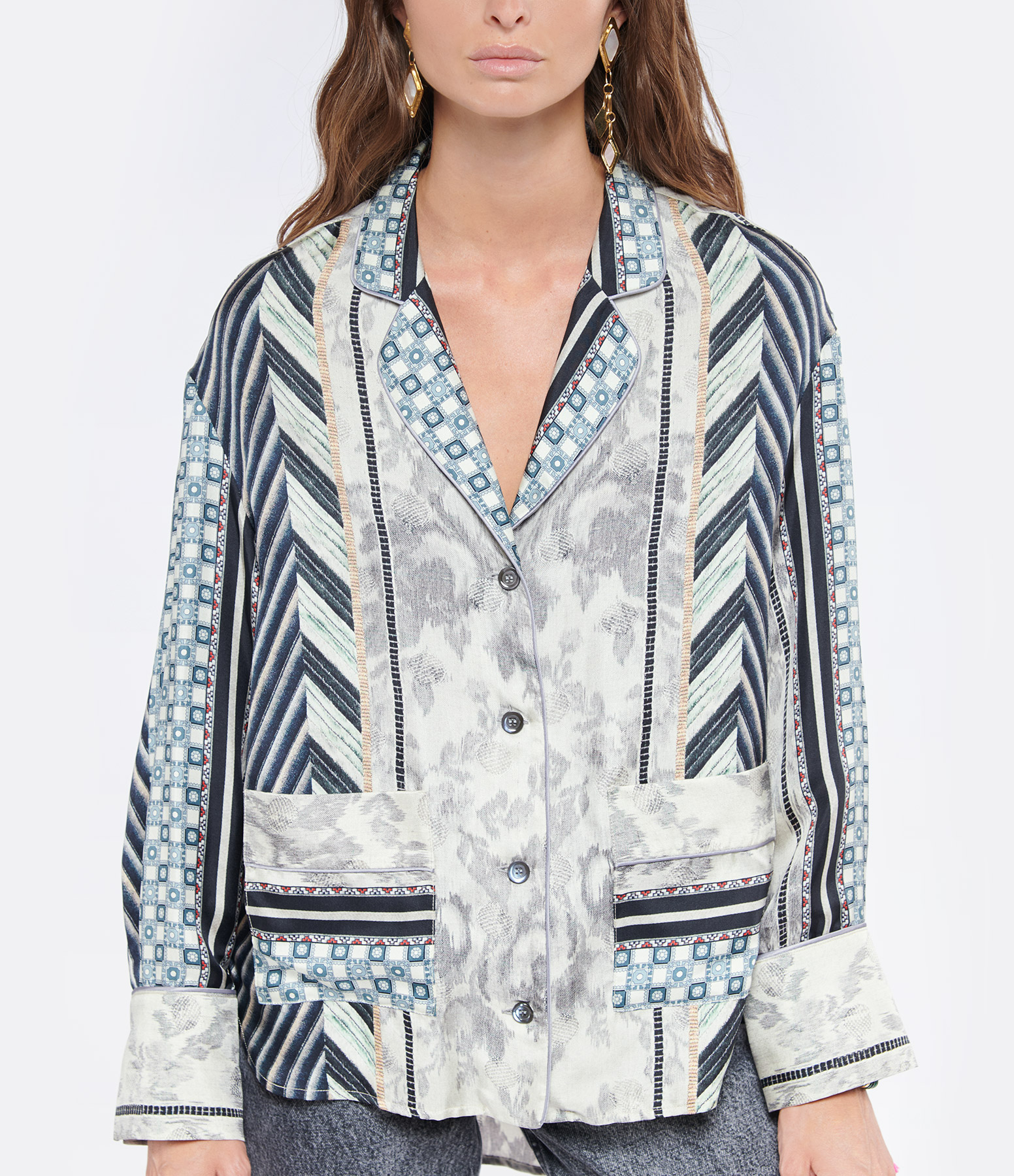 Aloe Silk Shirt, Grey and Blue Print