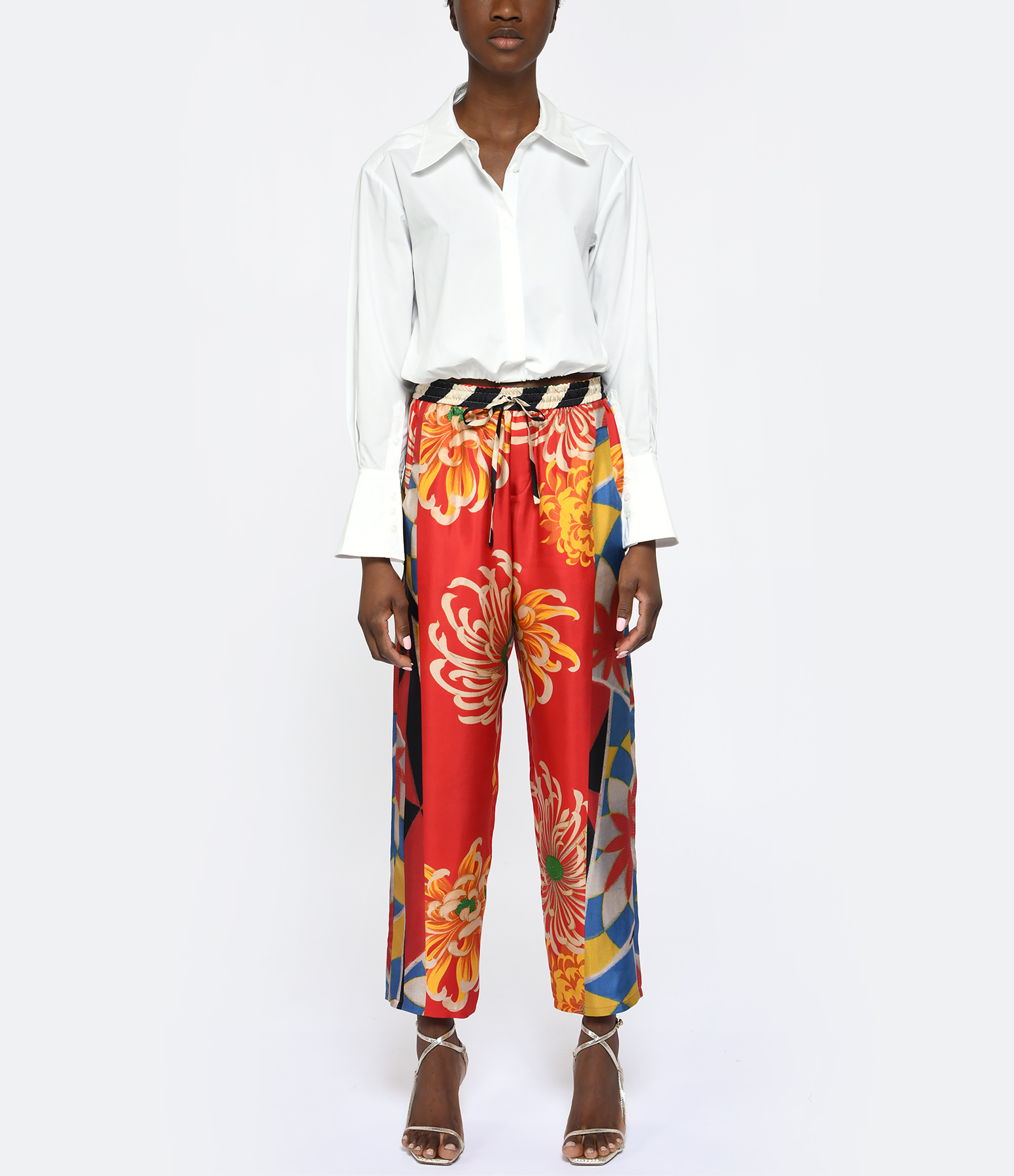 Red Printed Aloe Silk Trousers