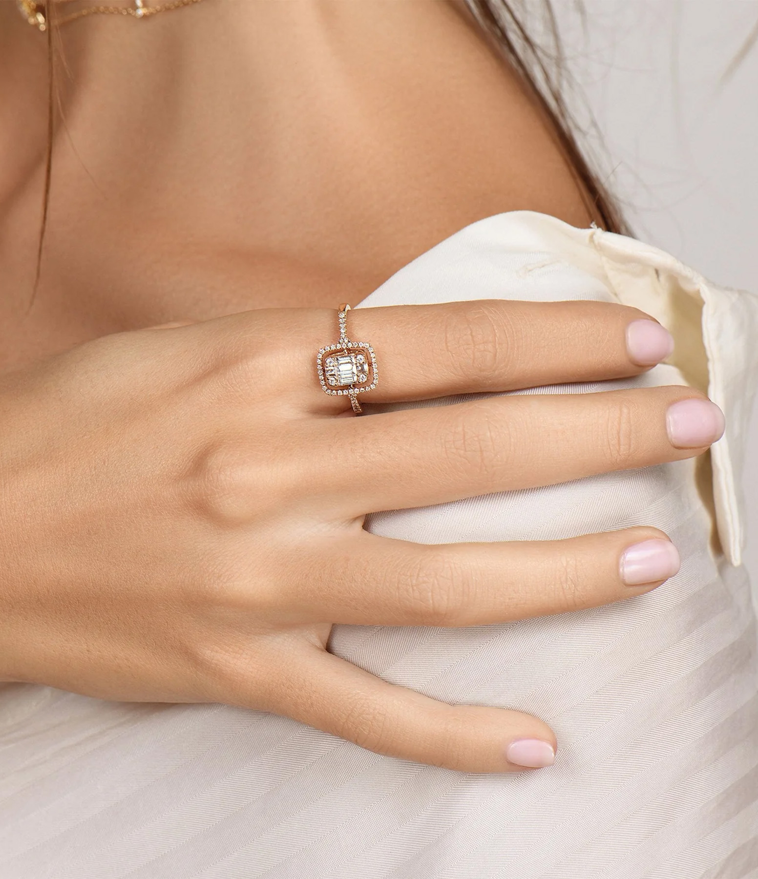 Beverly Hills Marjory Solitaire Rectangular Diamond Ring in White Gold