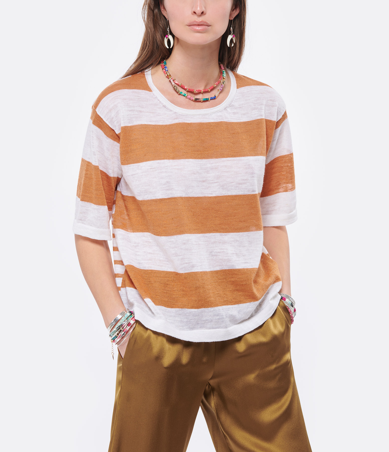 White and Brick-Coloured Striped Linen T-shirt