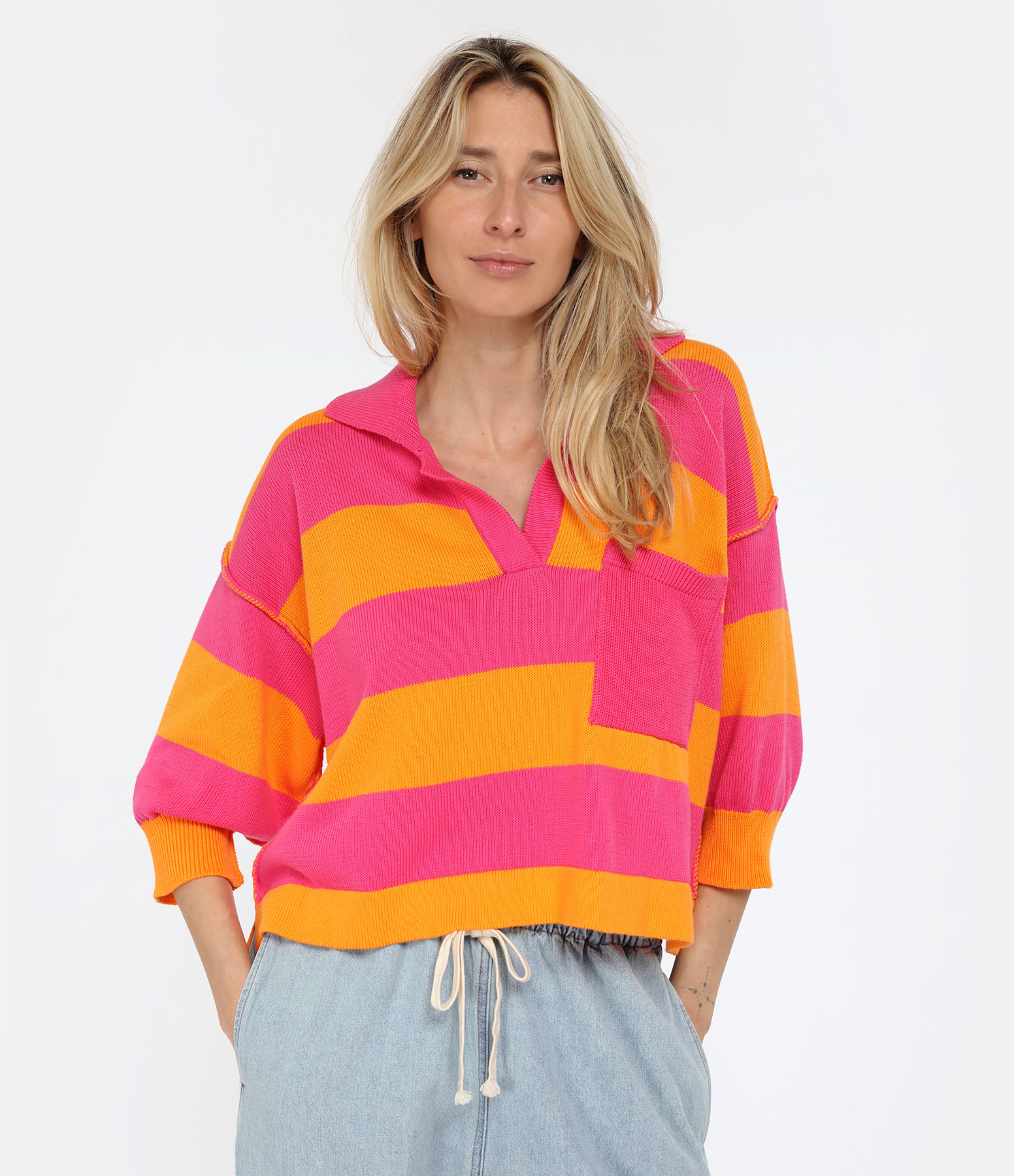 Fuchsia and Orange Striped Cotton Polo Shirt