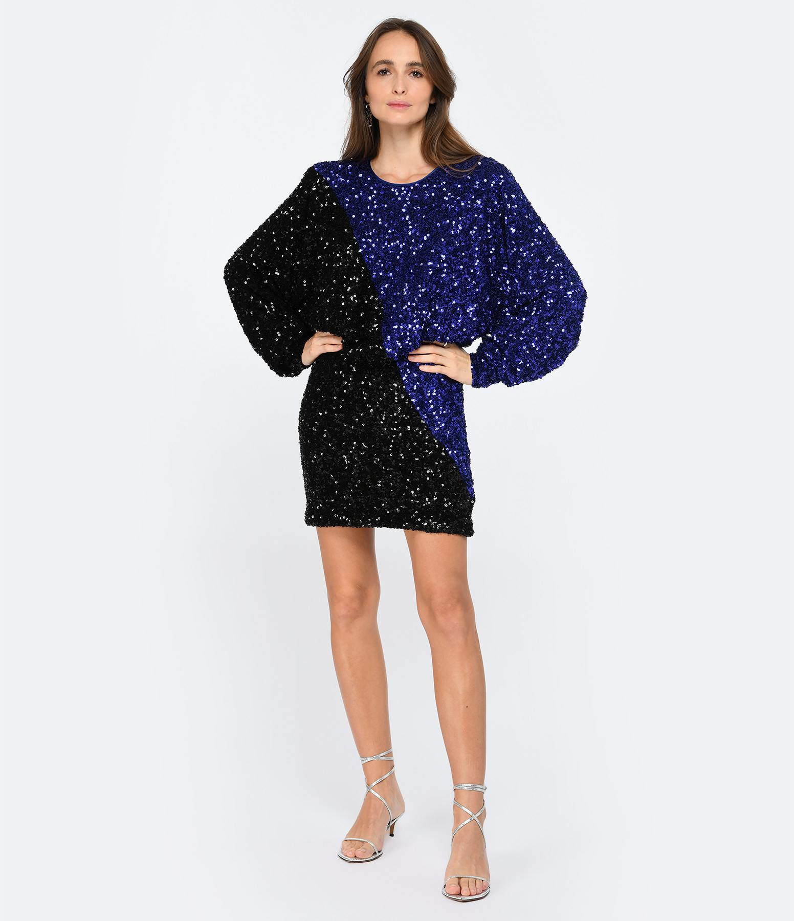 Two-Tone Black and Blue Sequin Mini Dress