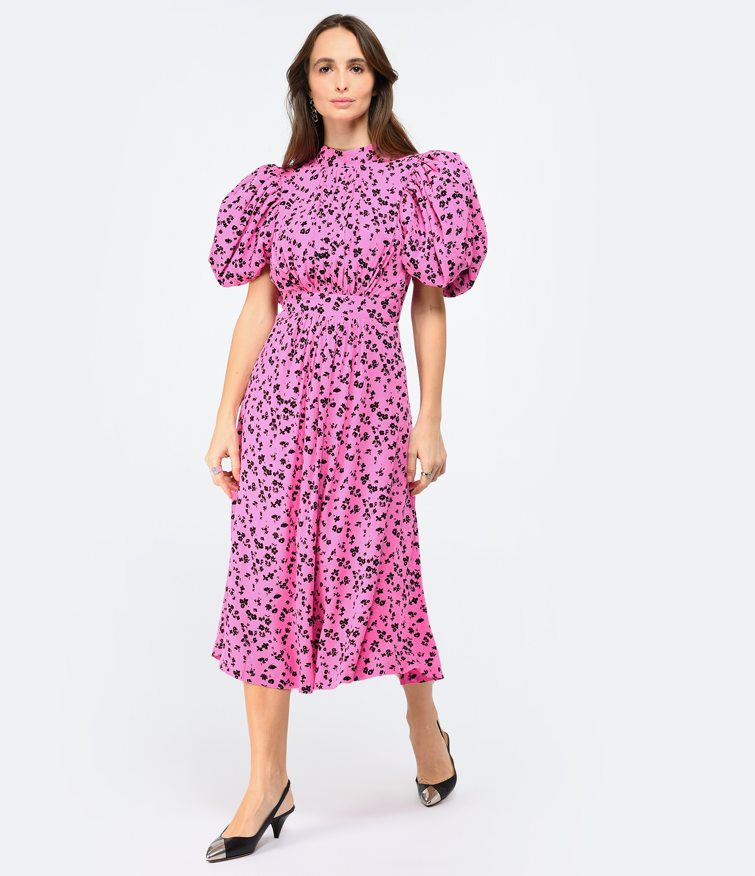 Pink Jacquard Puff-Sleeve Dress