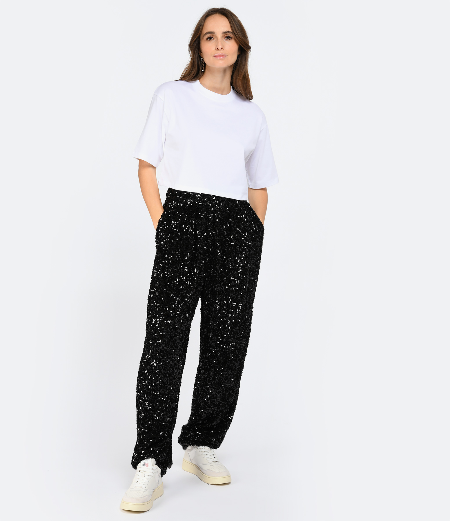 Black High-Waisted Sequinned Trousers