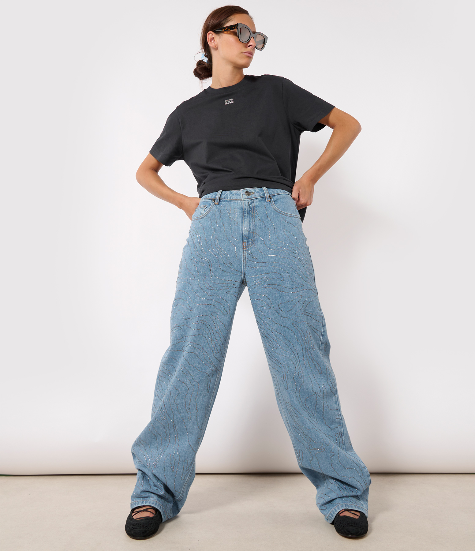 Light Blue Rhinestone Denim Trousers
